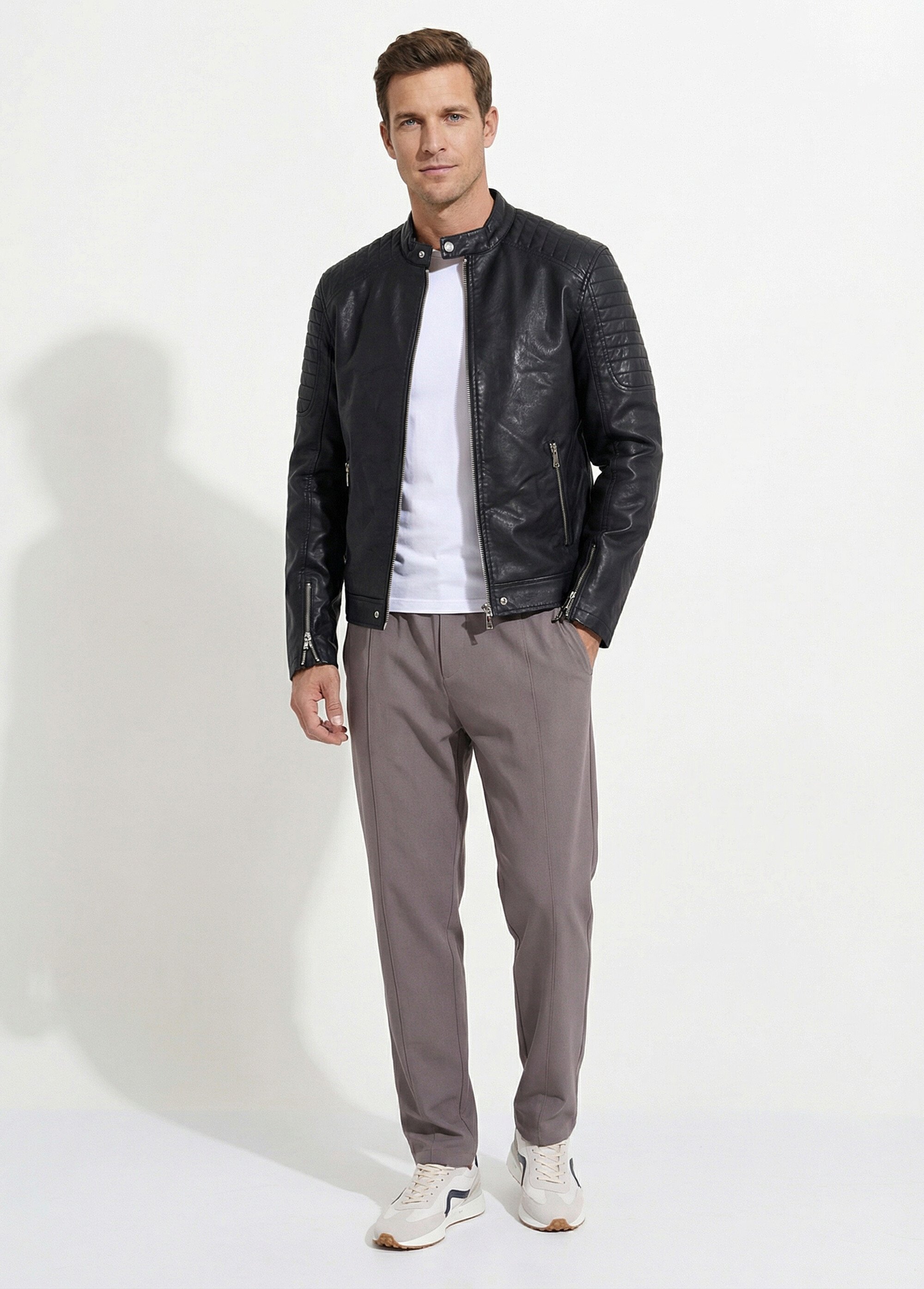 Blouson motard simili cuir détails zippés Homme Noir FRIL935-1 SI1