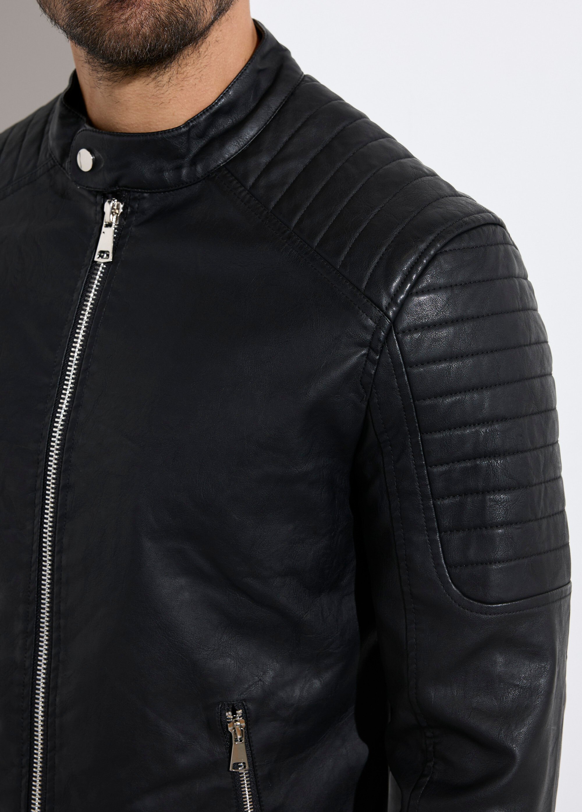 Blouson motard simili cuir détails zippés Homme Noir FRIL935-1 DE2