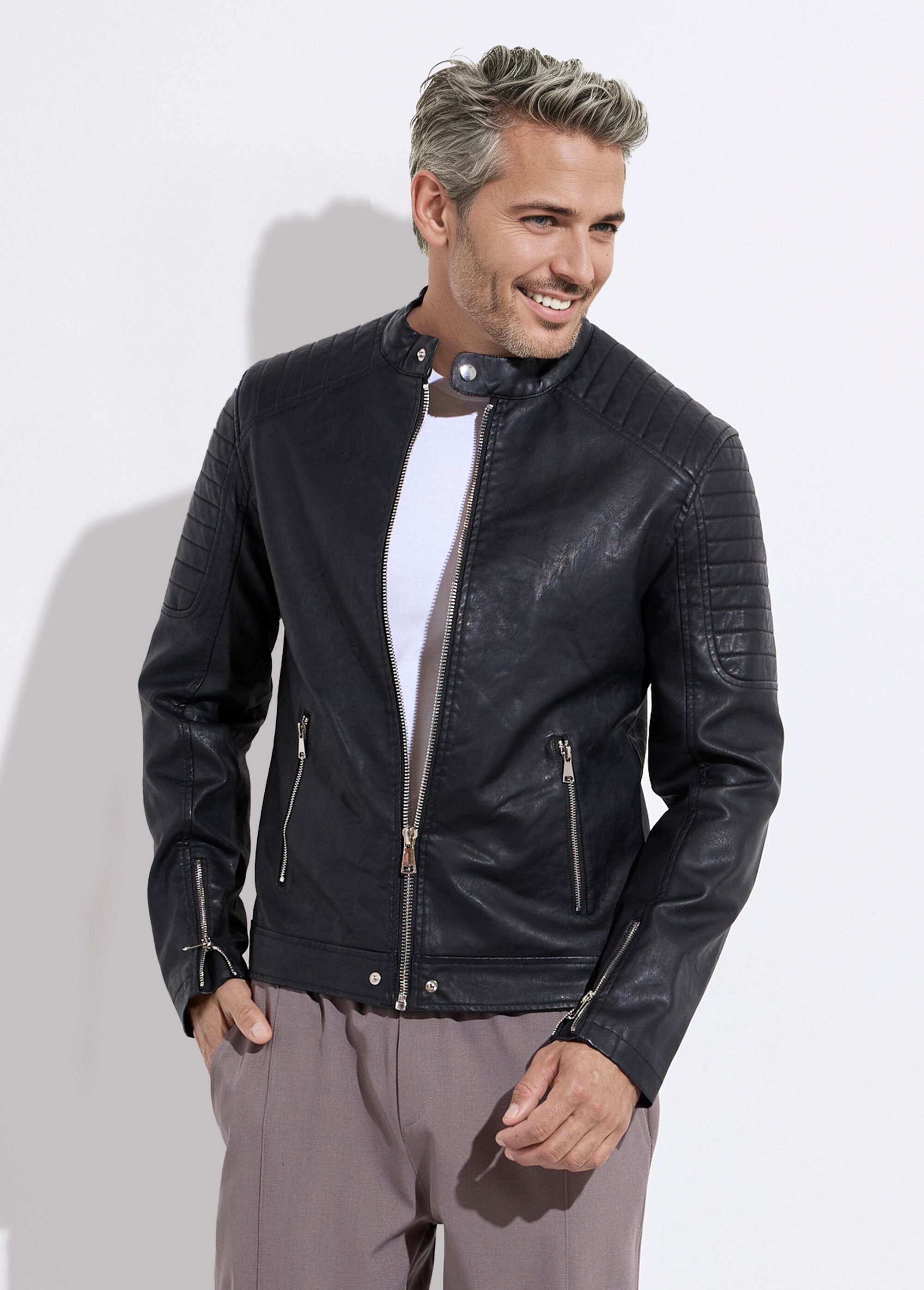 Blouson motard simili cuir détails zippés Homme Noir FRIL935-1 FA1