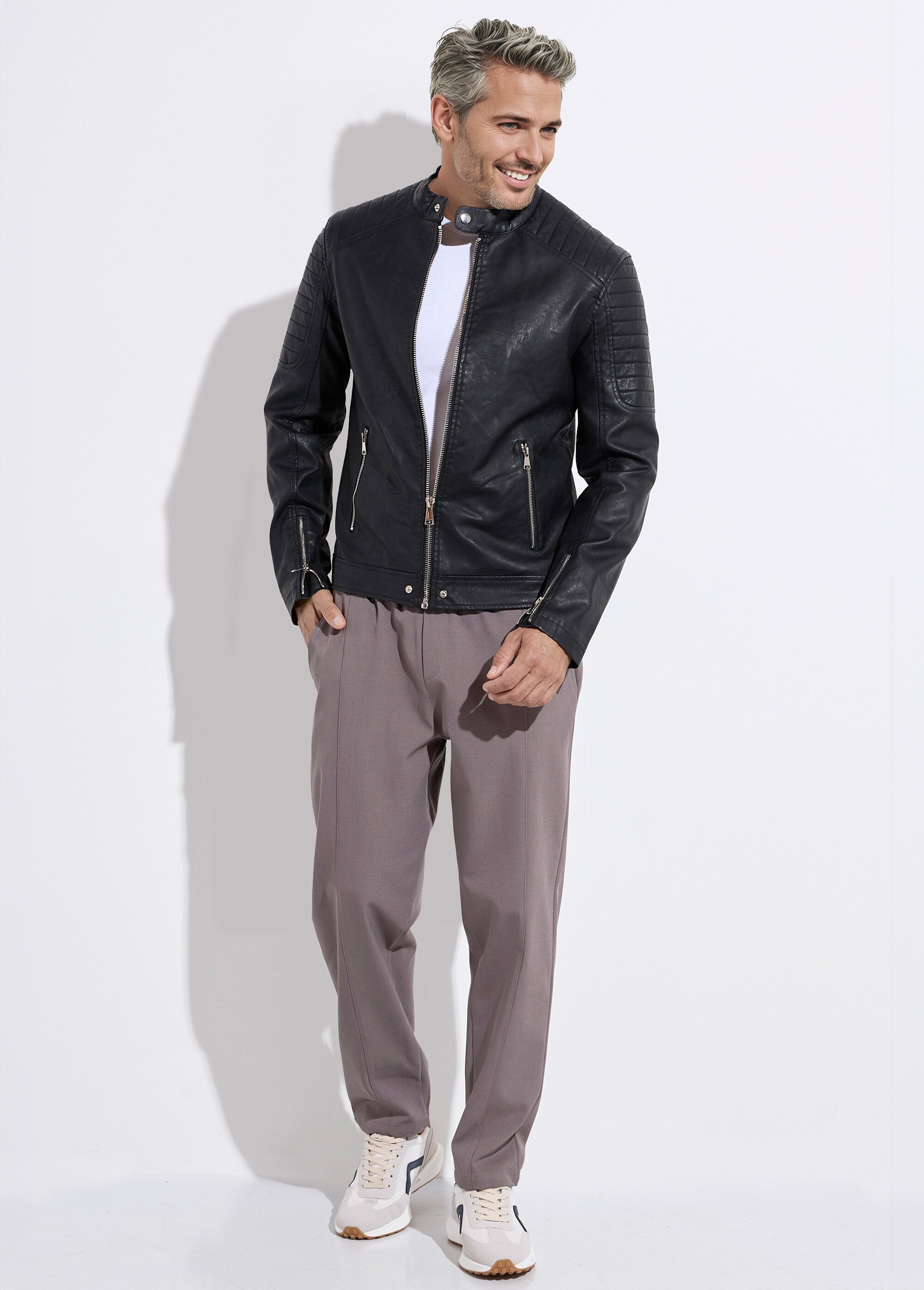 Blouson motard simili cuir détails zippés Homme Noir FRIL935-1 SF1