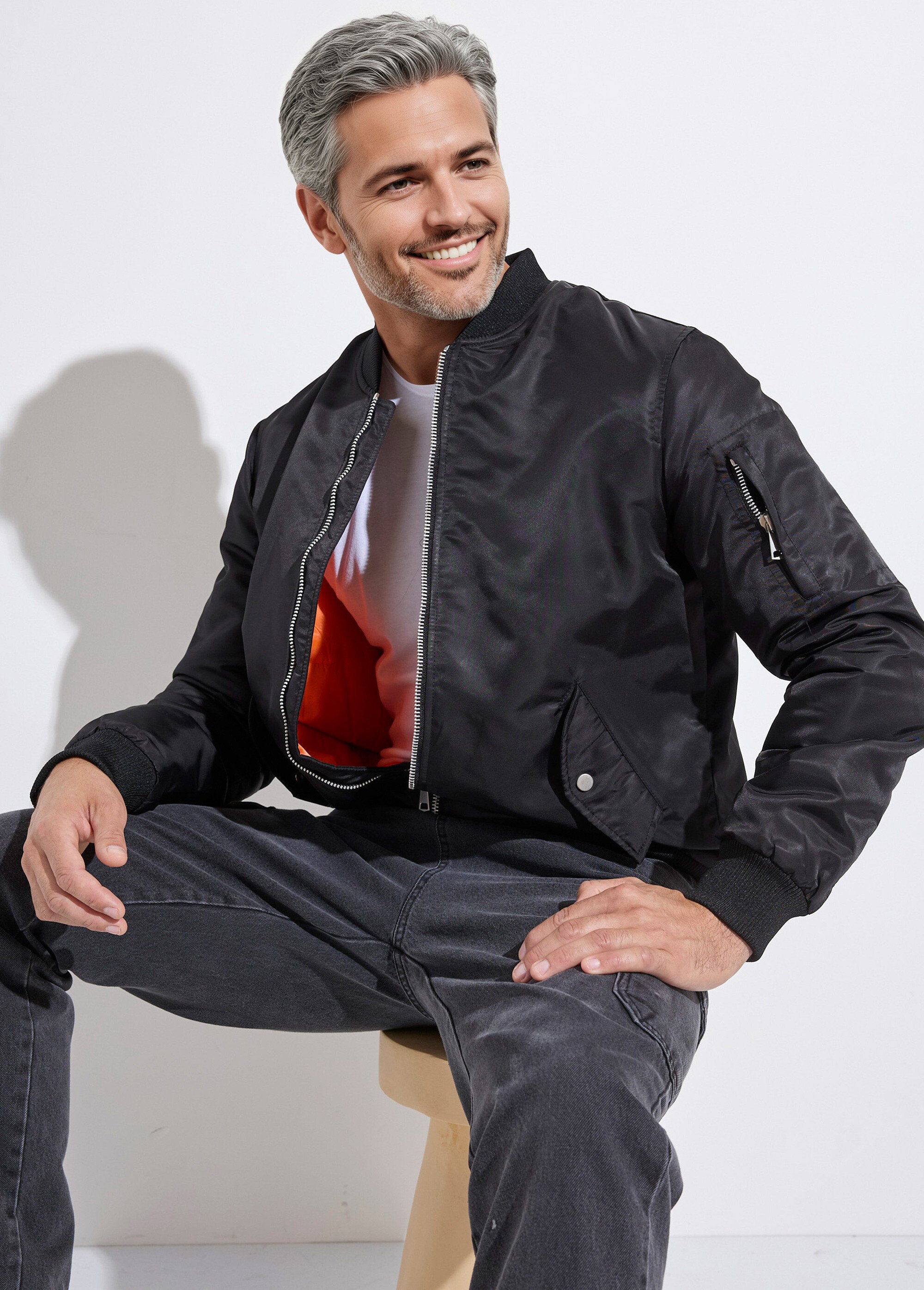Blouson bomber satiné zip métal Homme Noir FRIQQ161S98-1 MV1