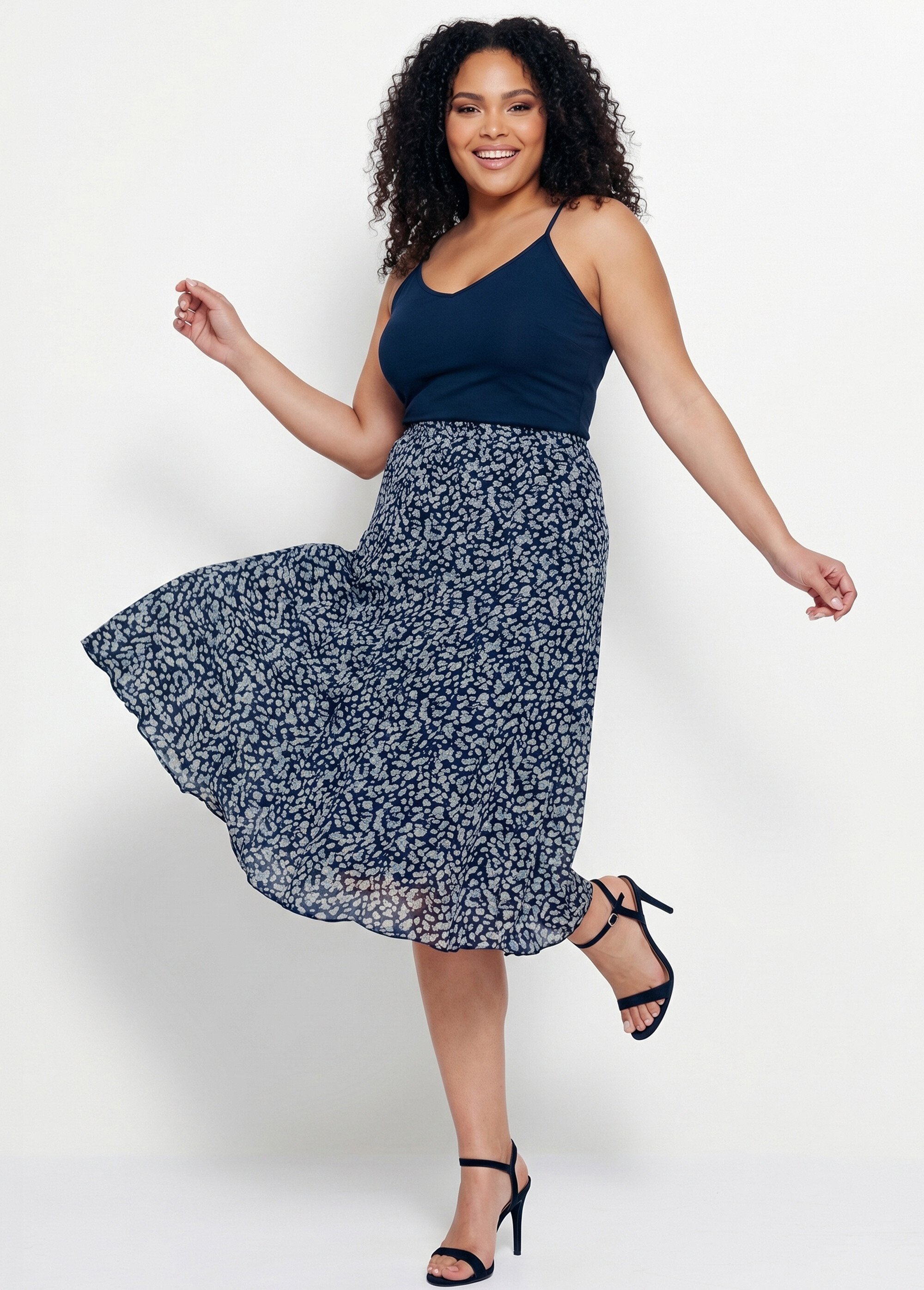 Jupe évasée voile imprimé mi longue Femme Grande Taille Bleu LOUISE MV1
