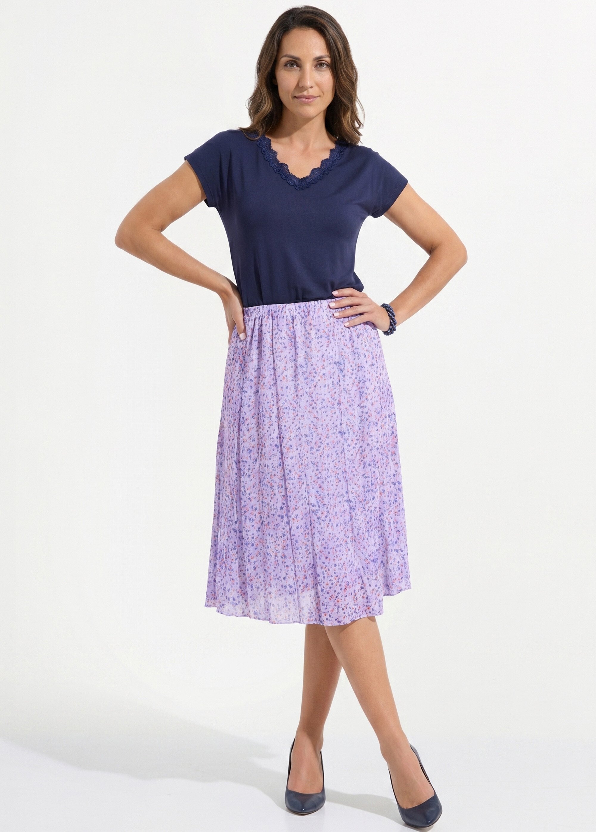 Jupe évasée voile imprimé mi longue Femme Violet LOUISE SI1