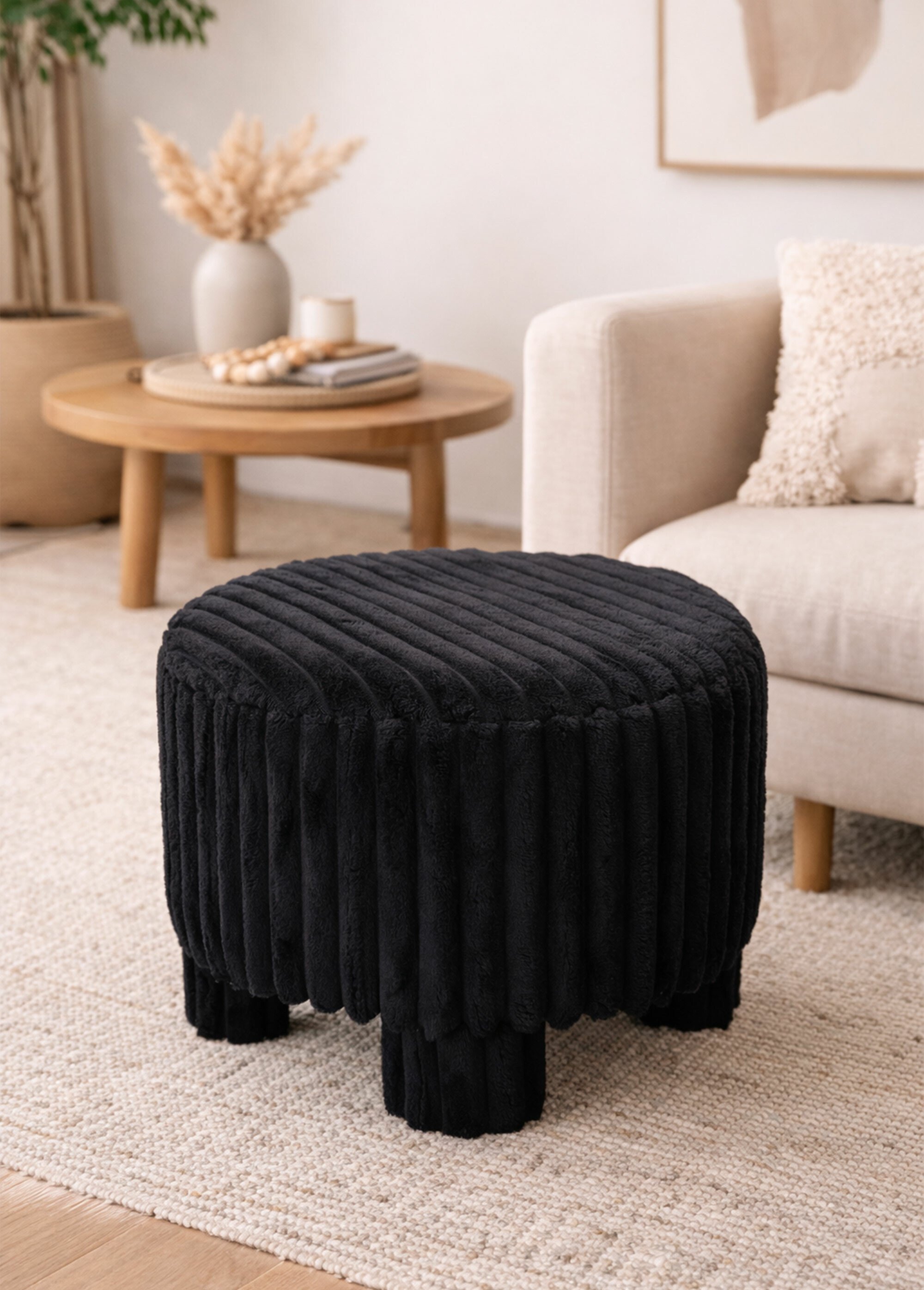 Pouf en velours à grosses cotes NOIR KP-AAE824860 SI1