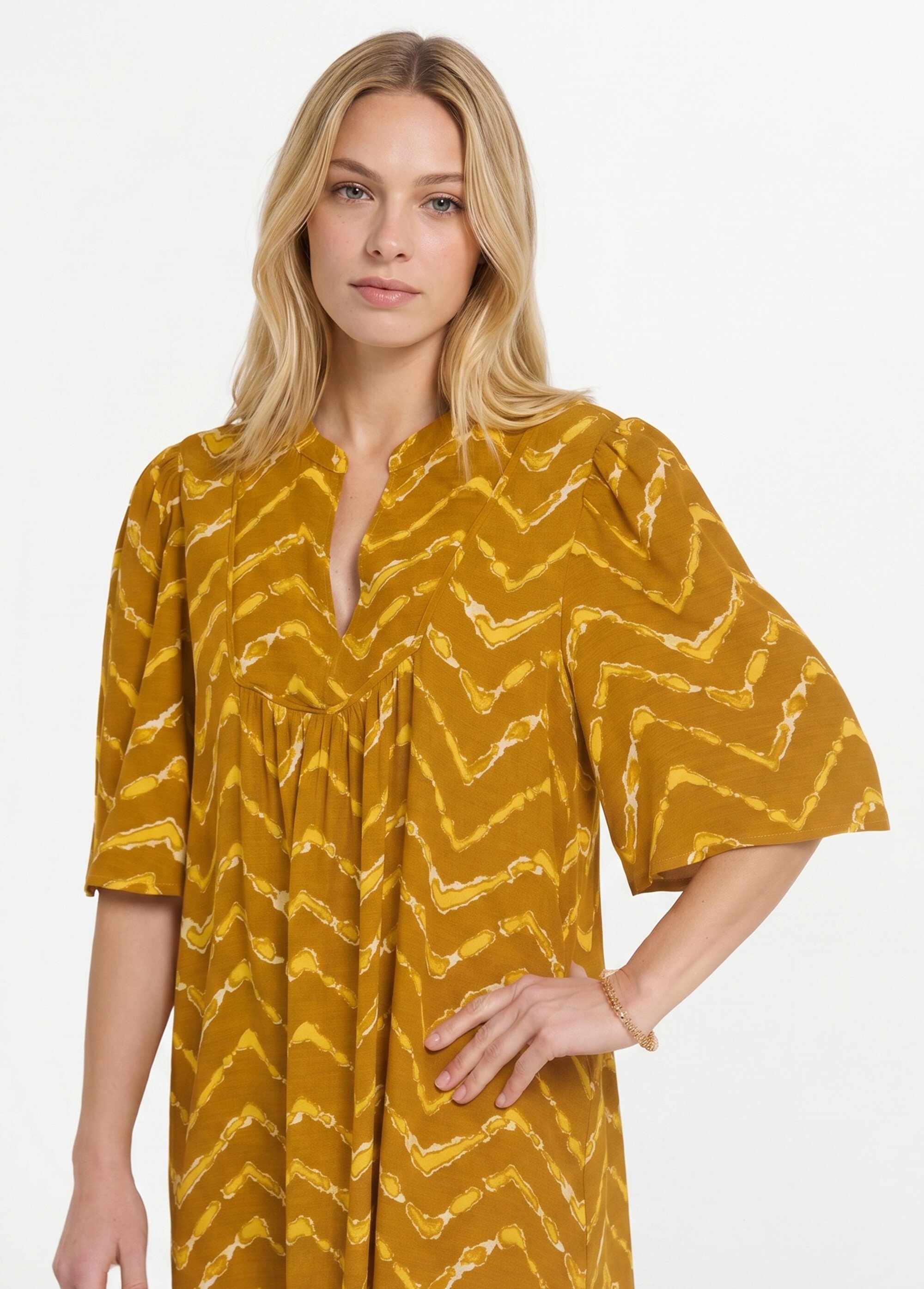 Robe ethnique courte manches évasées Femme Jaune ANG-MANESSA DE1