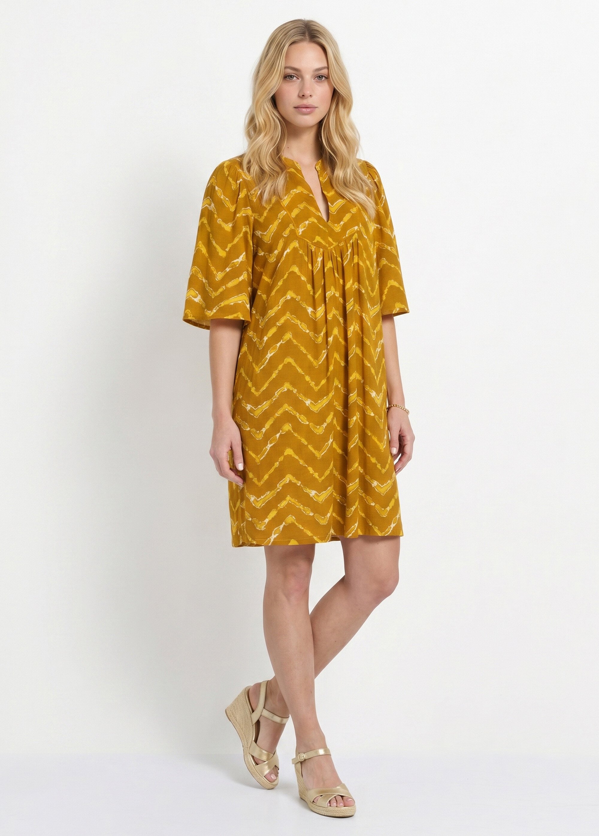 Robe ethnique courte manches évasées Femme Jaune ANG-MANESSA FA1