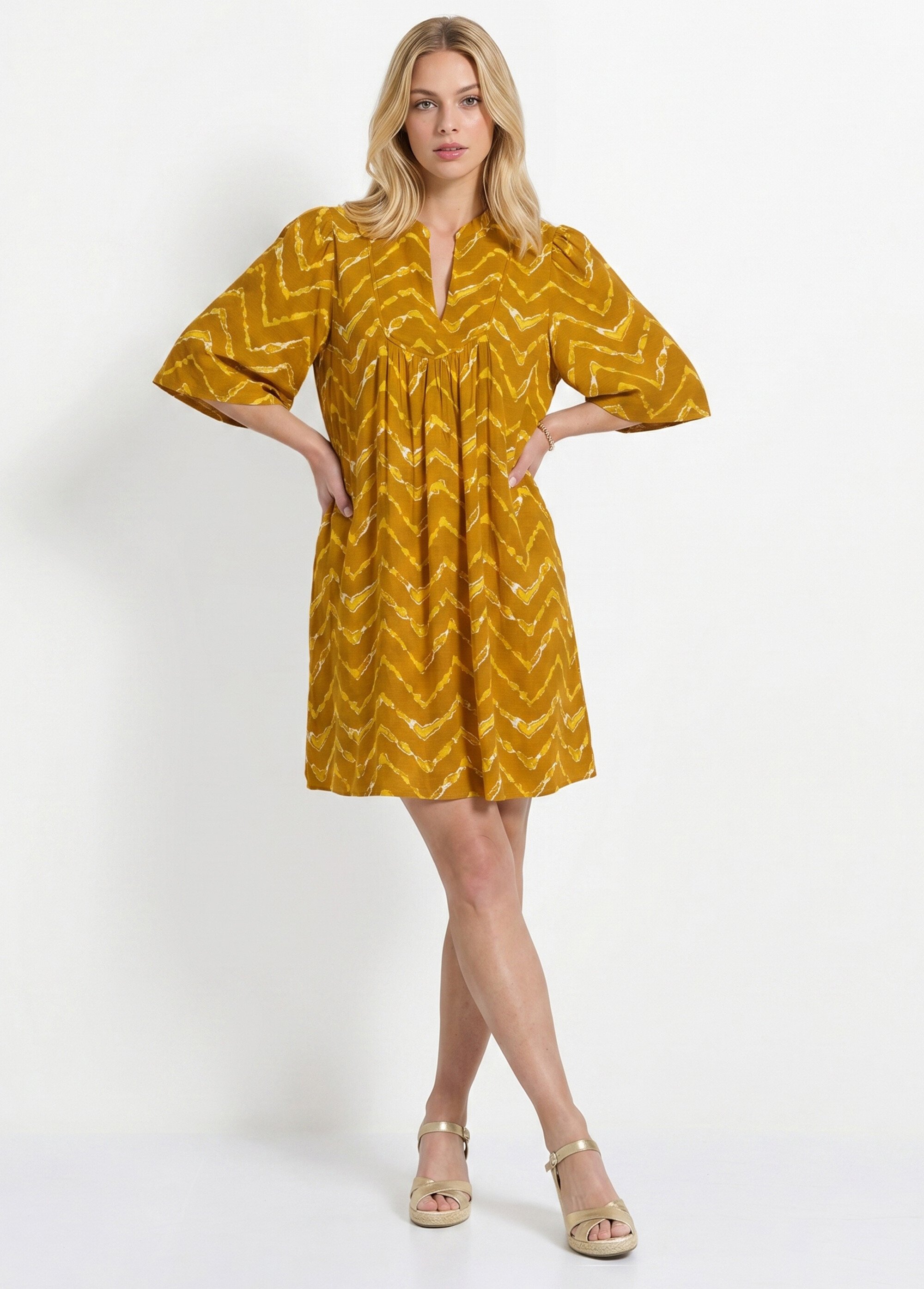 Robe ethnique courte manches évasées Femme Jaune ANG-MANESSA MV1