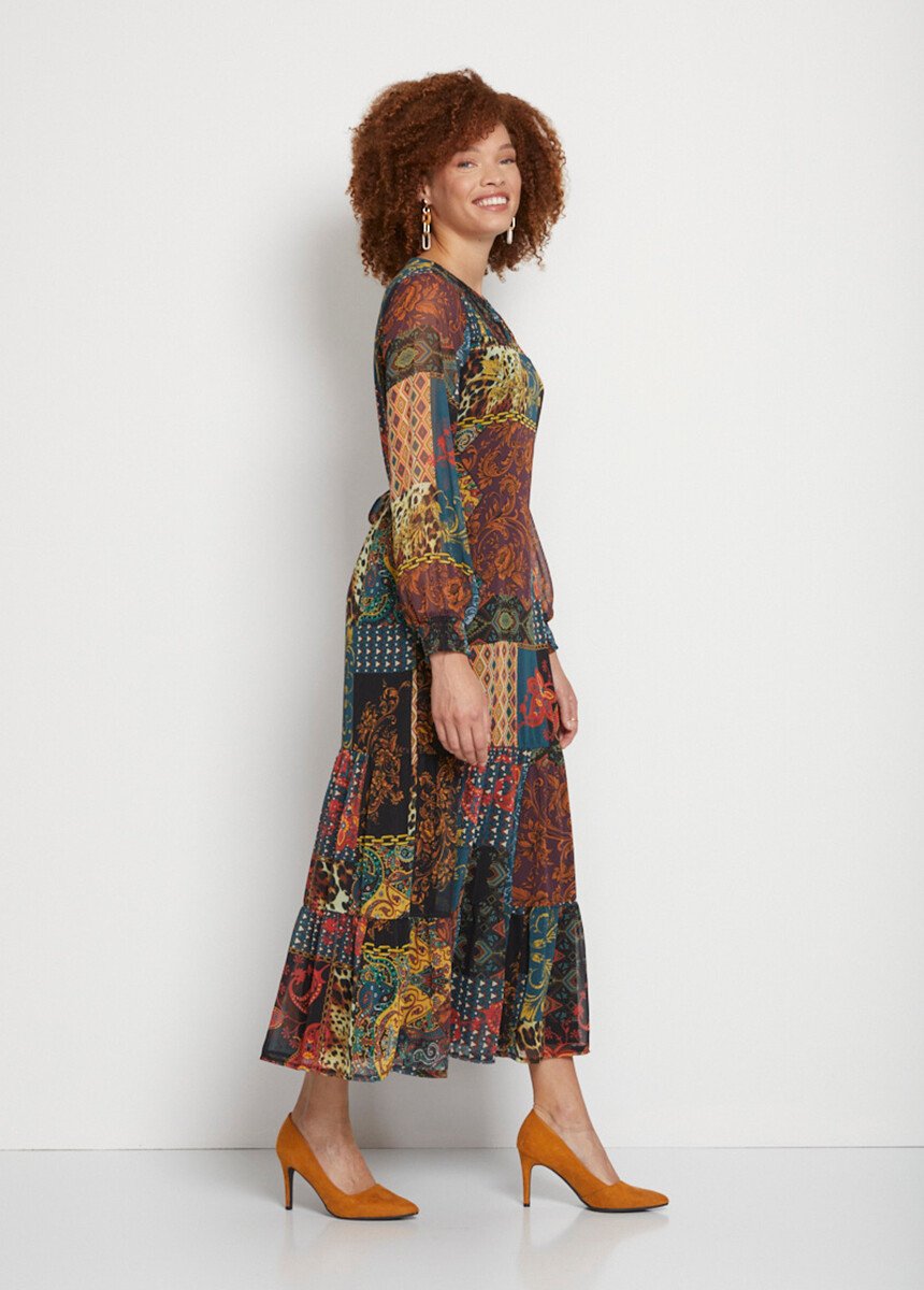 Robe longue volantée imprimé patchwork Femme Marron HIERO DR1