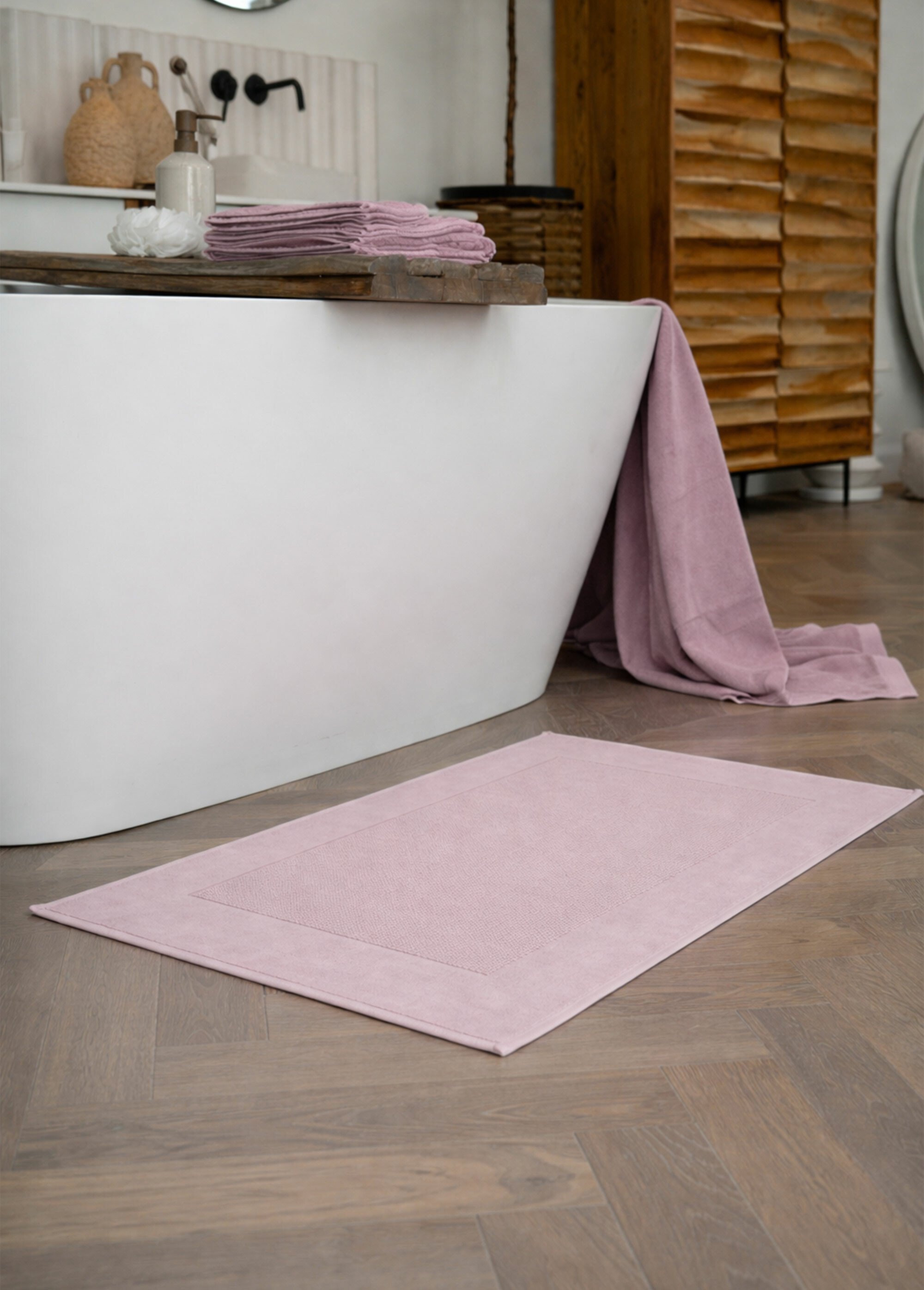 Tapis de bain en éponge avec fin liteau ROSE PALE TIS-TAPISDELUX SI1