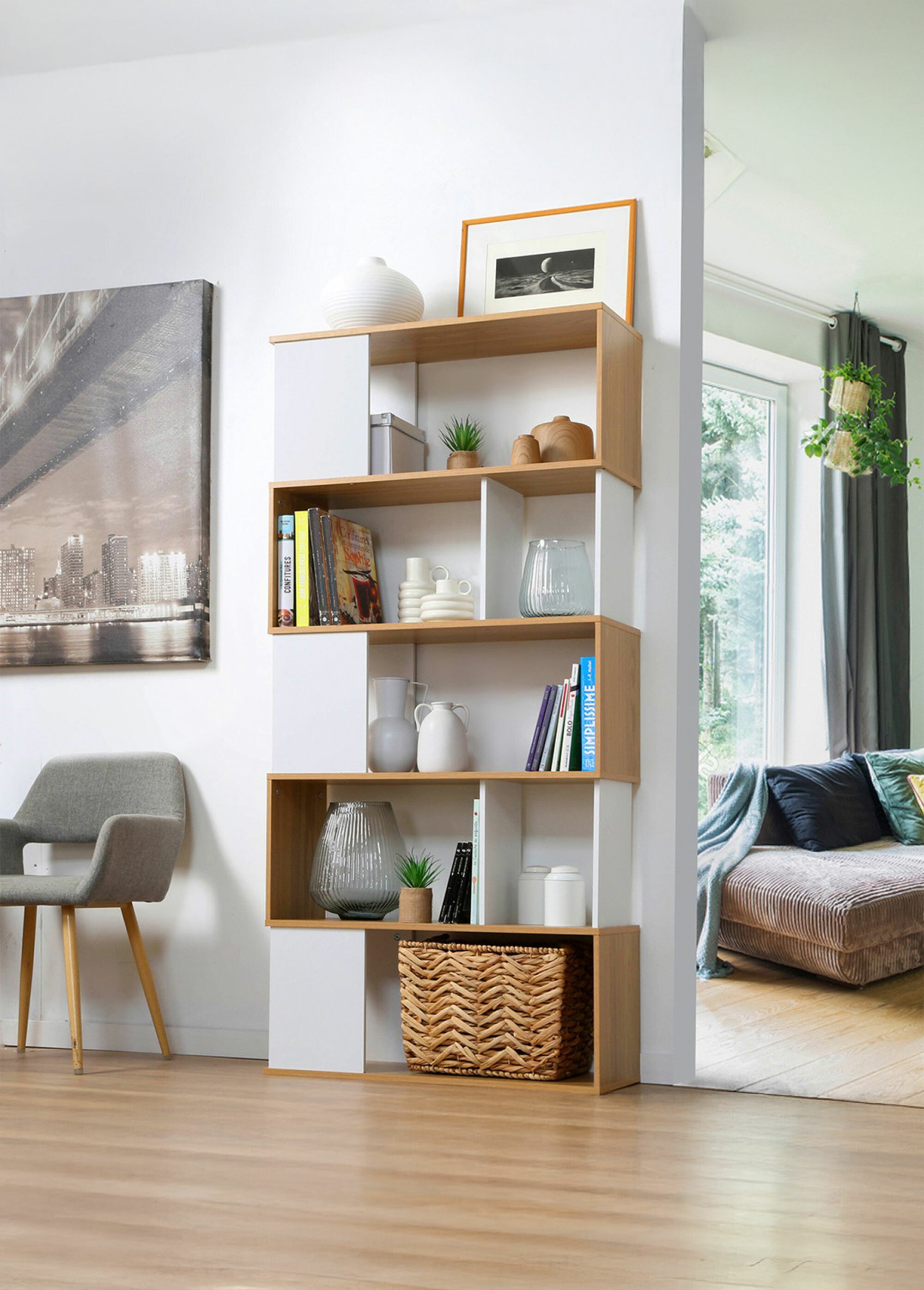 Bibliothèque zigzag décor bicolore, 80cm BLANC CAL-13214133 SI1