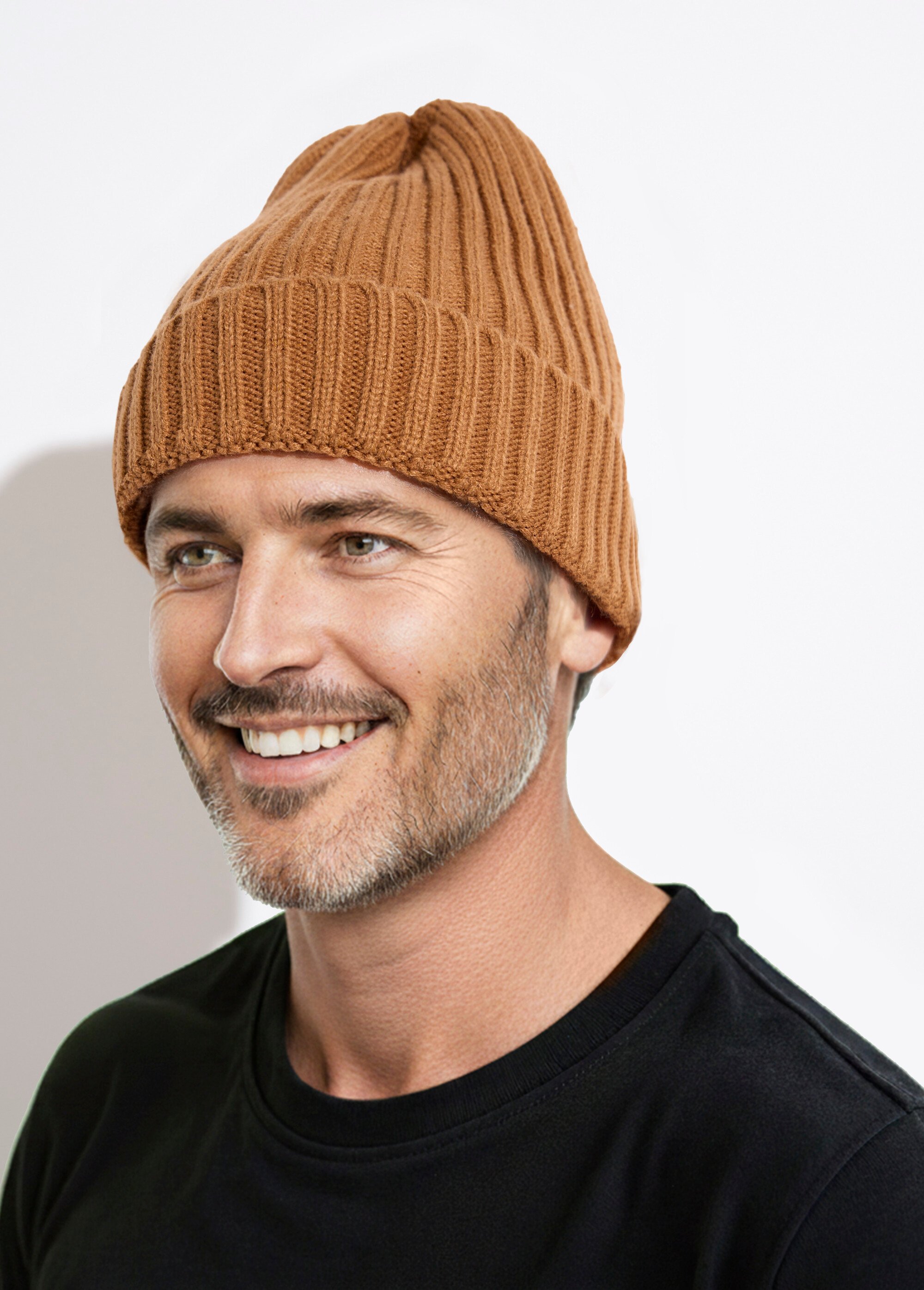 Bonnet en maille cotelée à revers Homme Beige MENAKC01 FA1
