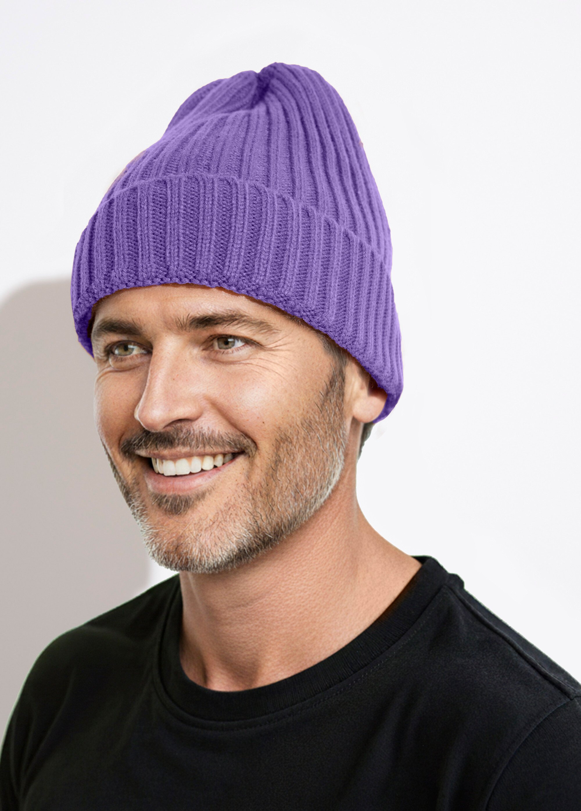 Bonnet en maille cotelée à revers Homme Violet MENAKC01 FA1