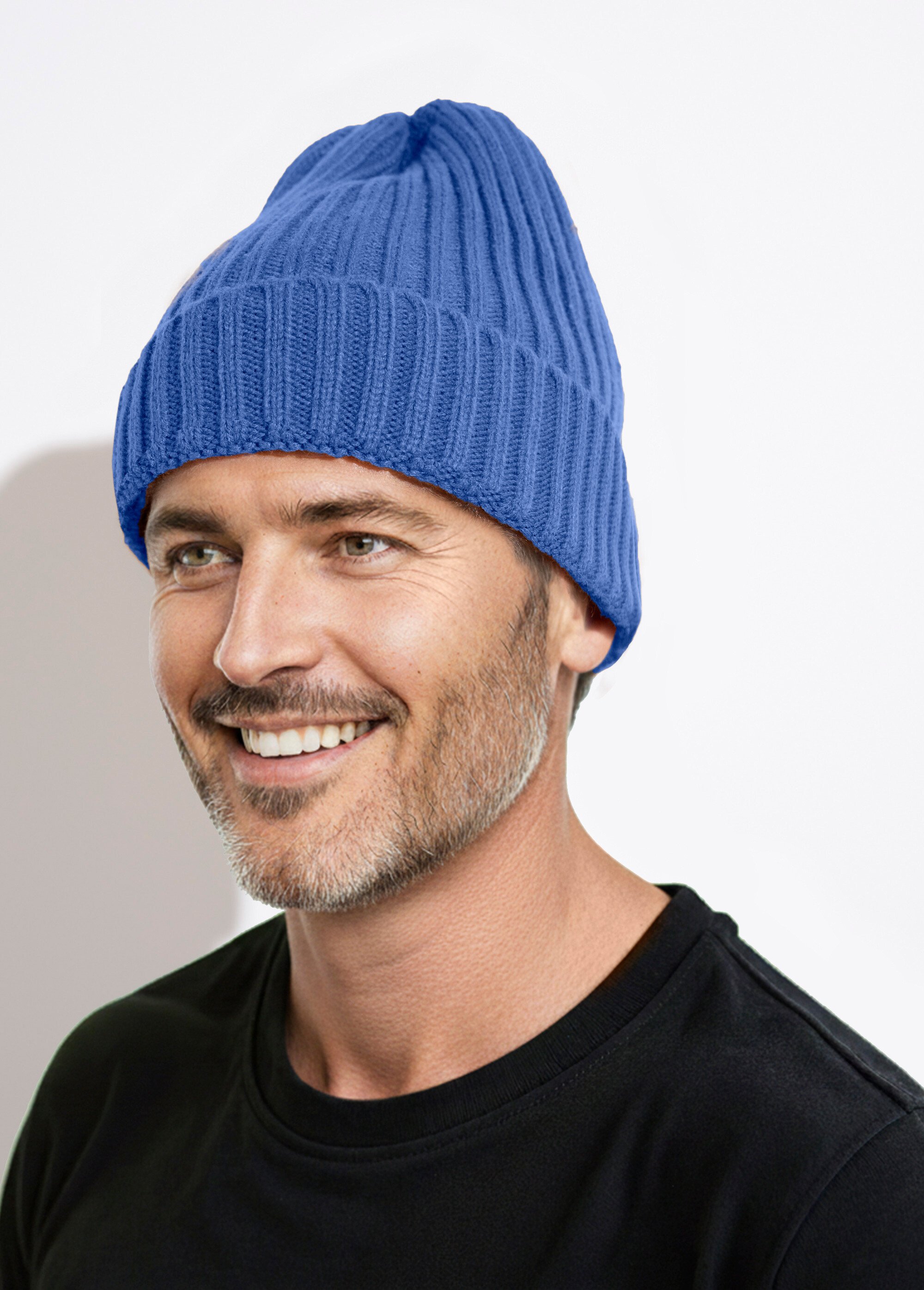Bonnet en maille cotelée à revers Homme Bleu MENAKC01 FA1