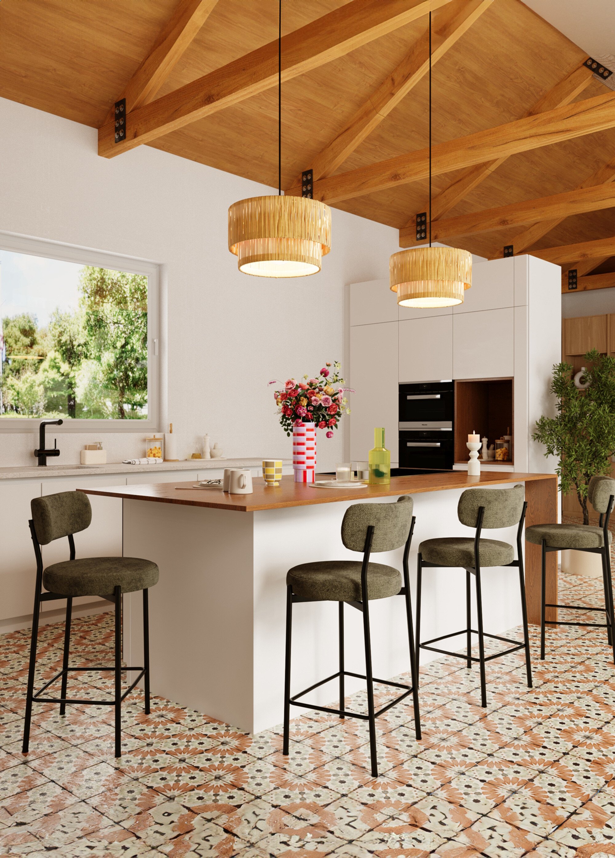 Chaises de bar en tissu avec dossier VERT POT-LILI SF1