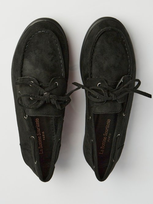Mocassins suédine à lacets style bateaux Femme Noir LBSBNJ9898 OV1