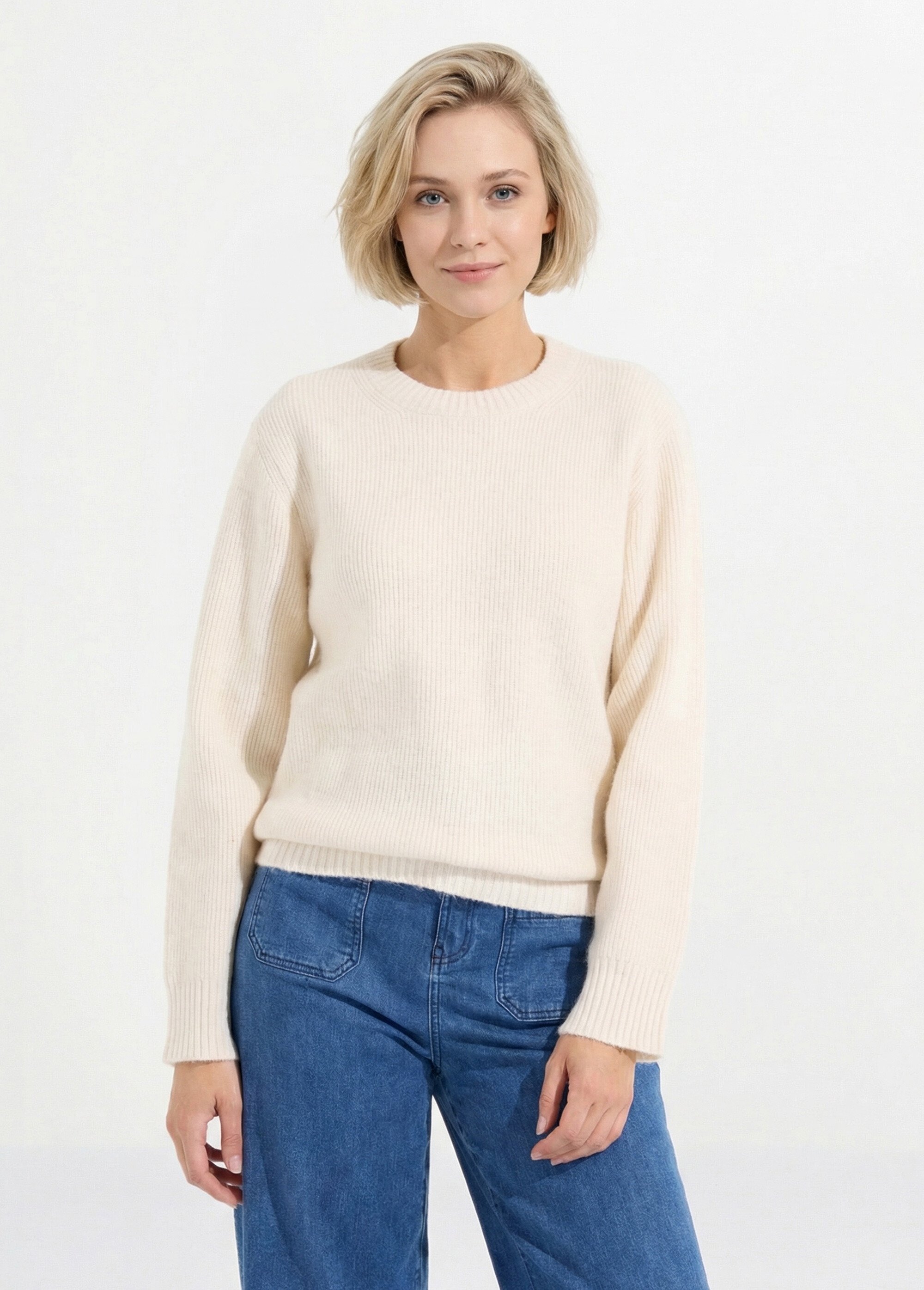 Pull chaud côtelé avec laine et fibres recyclées Femme Beige PETULA FA1