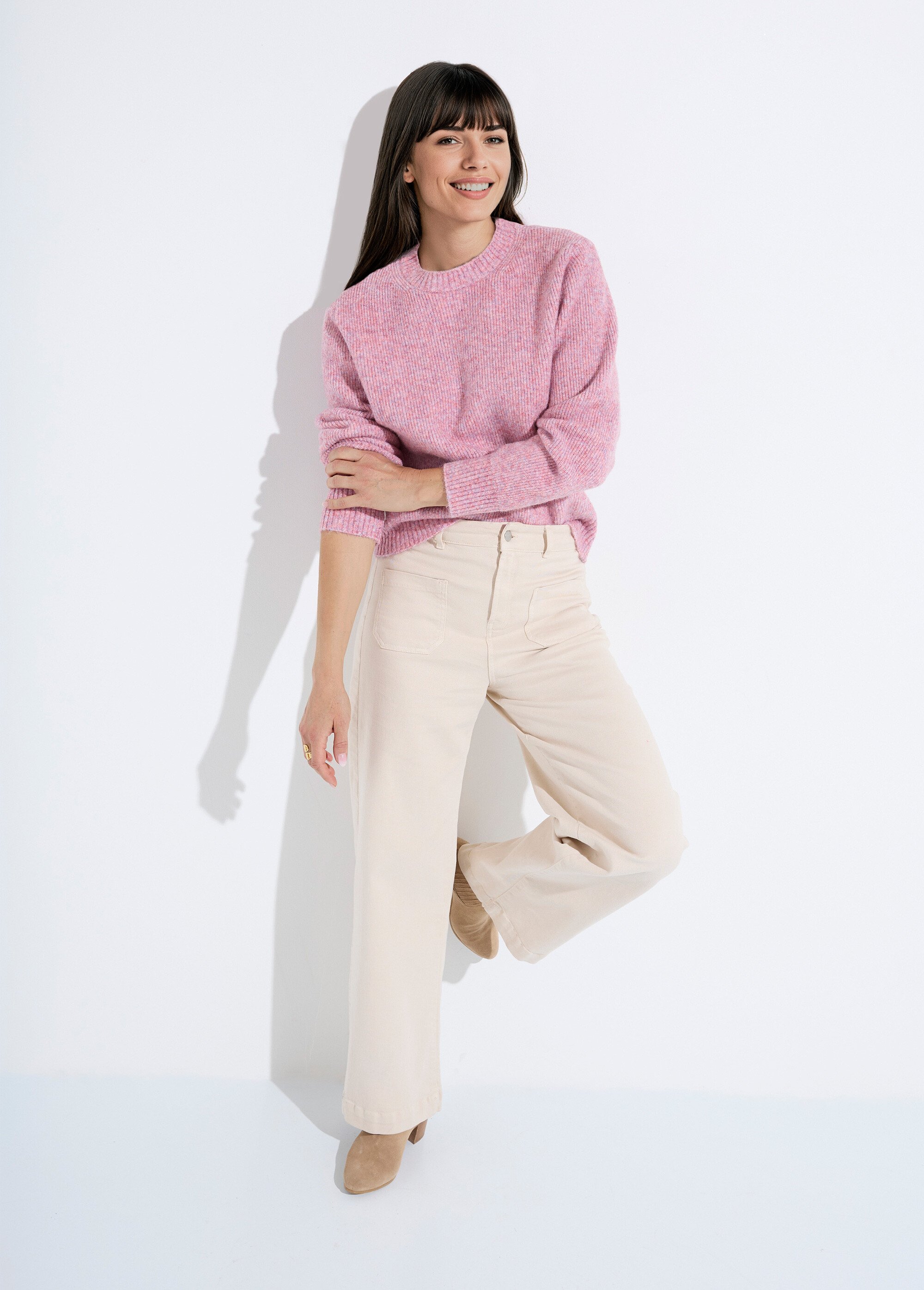 Pull chaud côtelé avec laine et fibres recyclées Femme Rose PETULA SI1