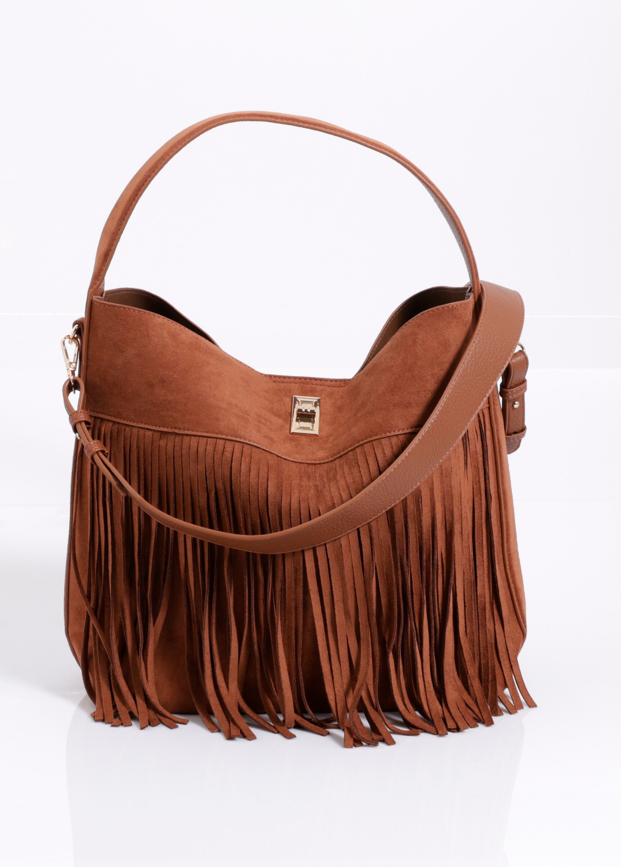 Sac bohème en suédine avec franges Femme Marron MIM25867 FA1