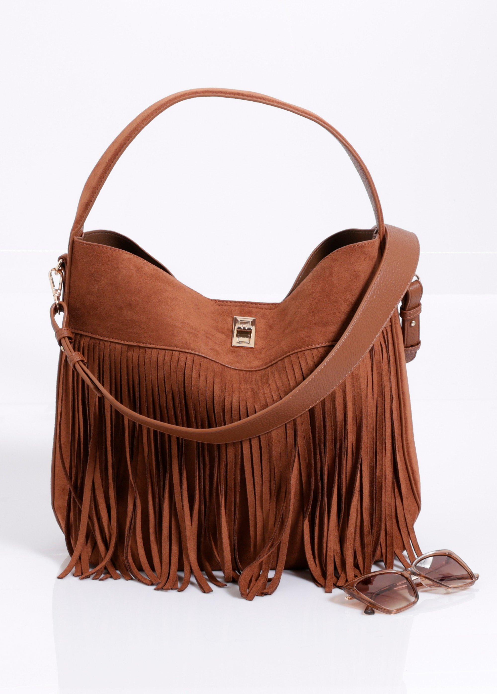 Sac bohème en suédine avec franges Femme Marron MIM25867 SF1