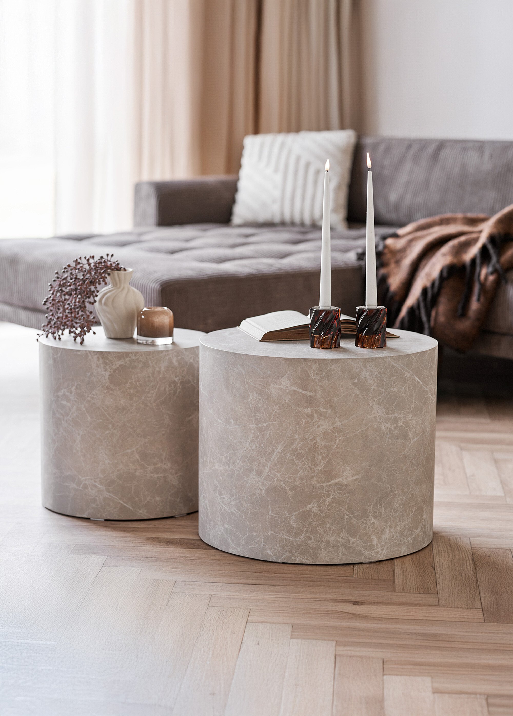 Set tables basses rondes, aspect marbre GRIS HN-2102064 SI1