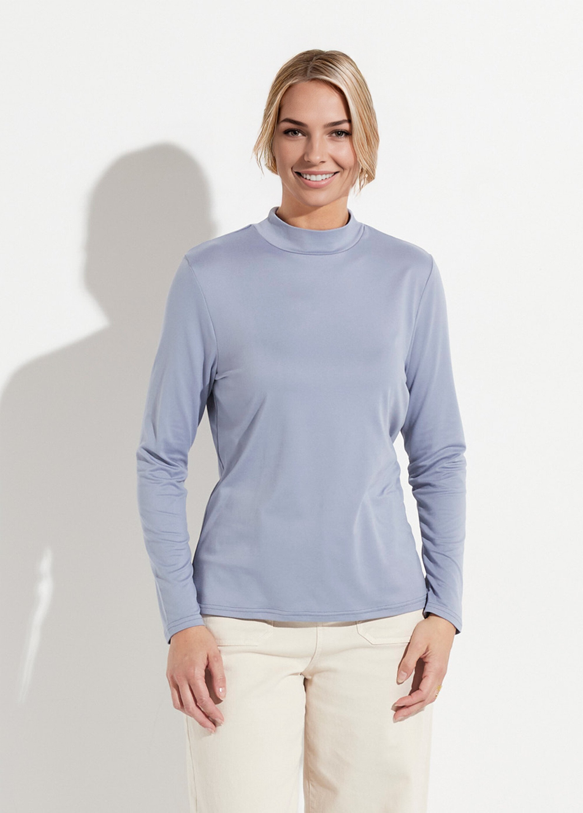 T-shirt doux col montant manches longues Femme Bleu CIDALIA FA1