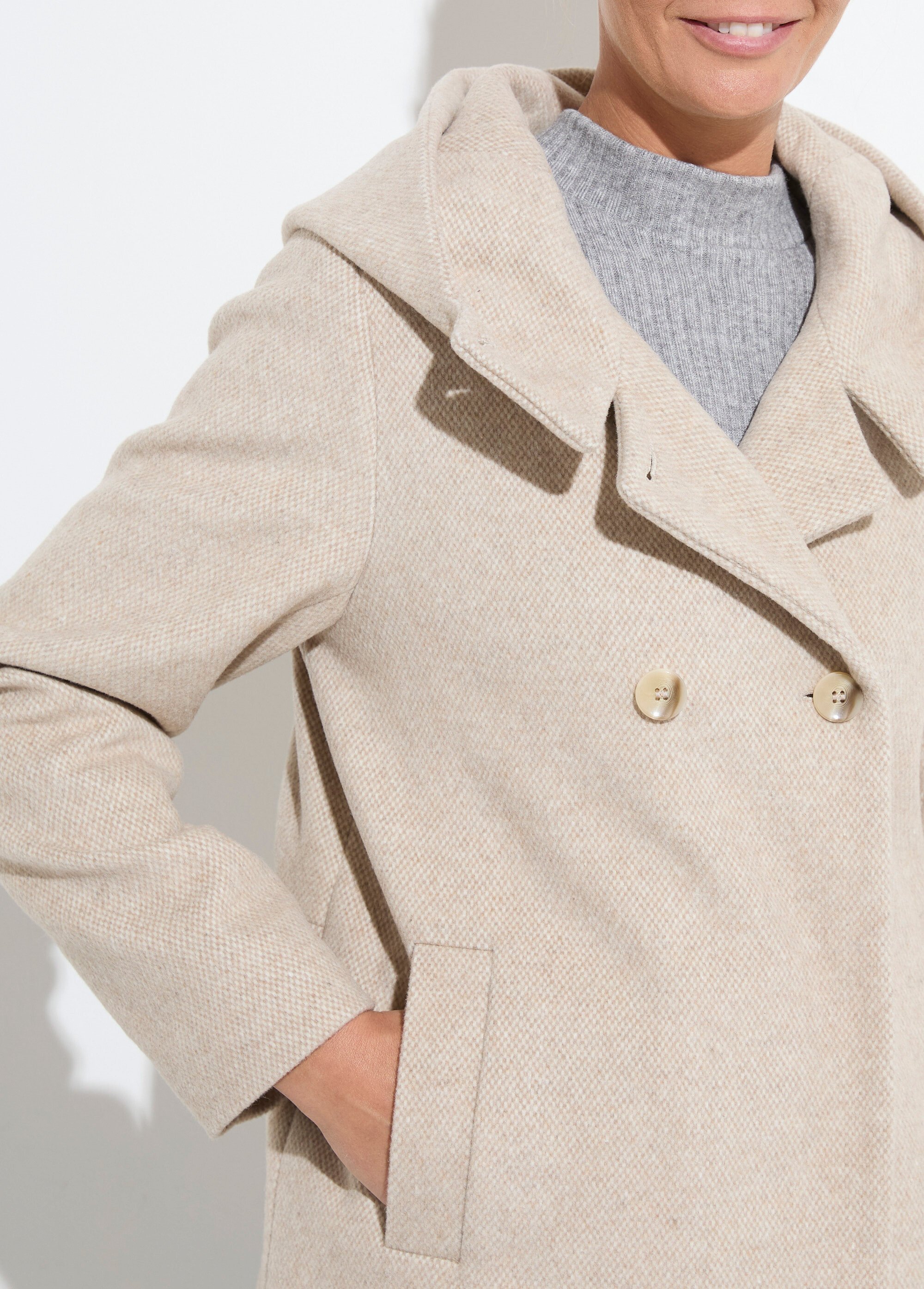 Veste manteau lainage tweed double boutonnage capuche Femme Beige TIDA DE1