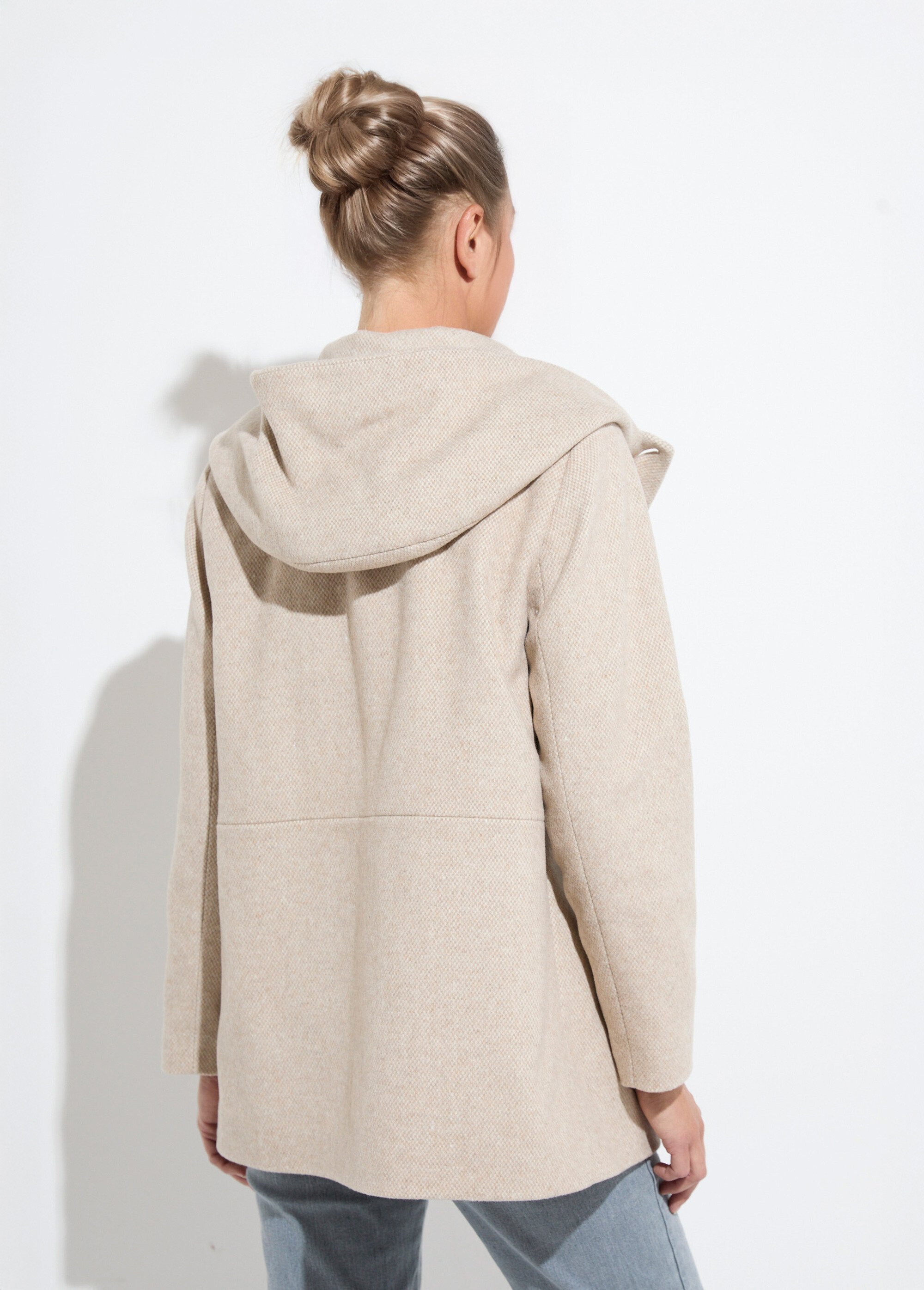 Veste manteau lainage tweed double boutonnage capuche Femme Beige TIDA DO1