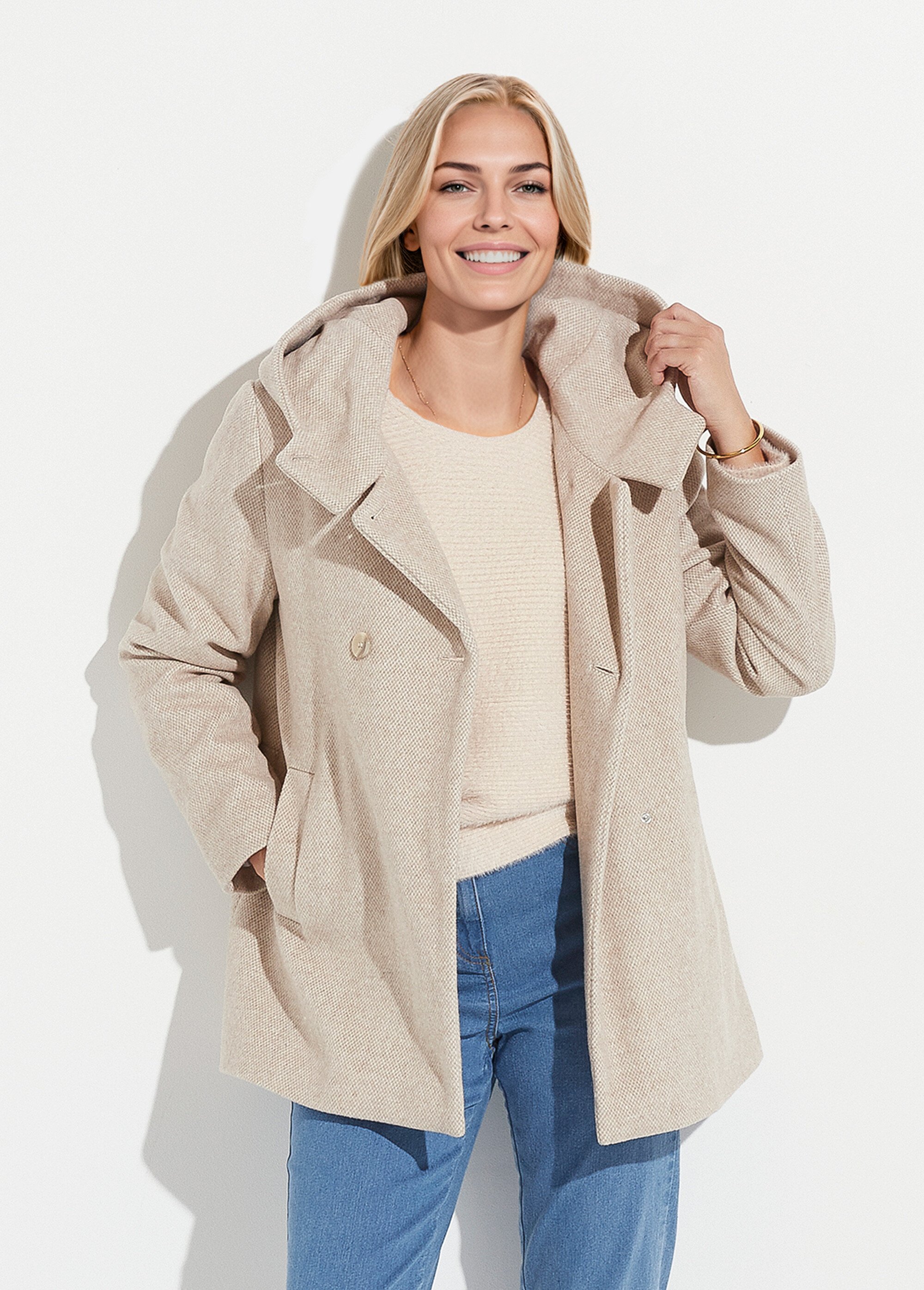 Veste manteau lainage tweed double boutonnage capuche Femme Beige TIDA FA1