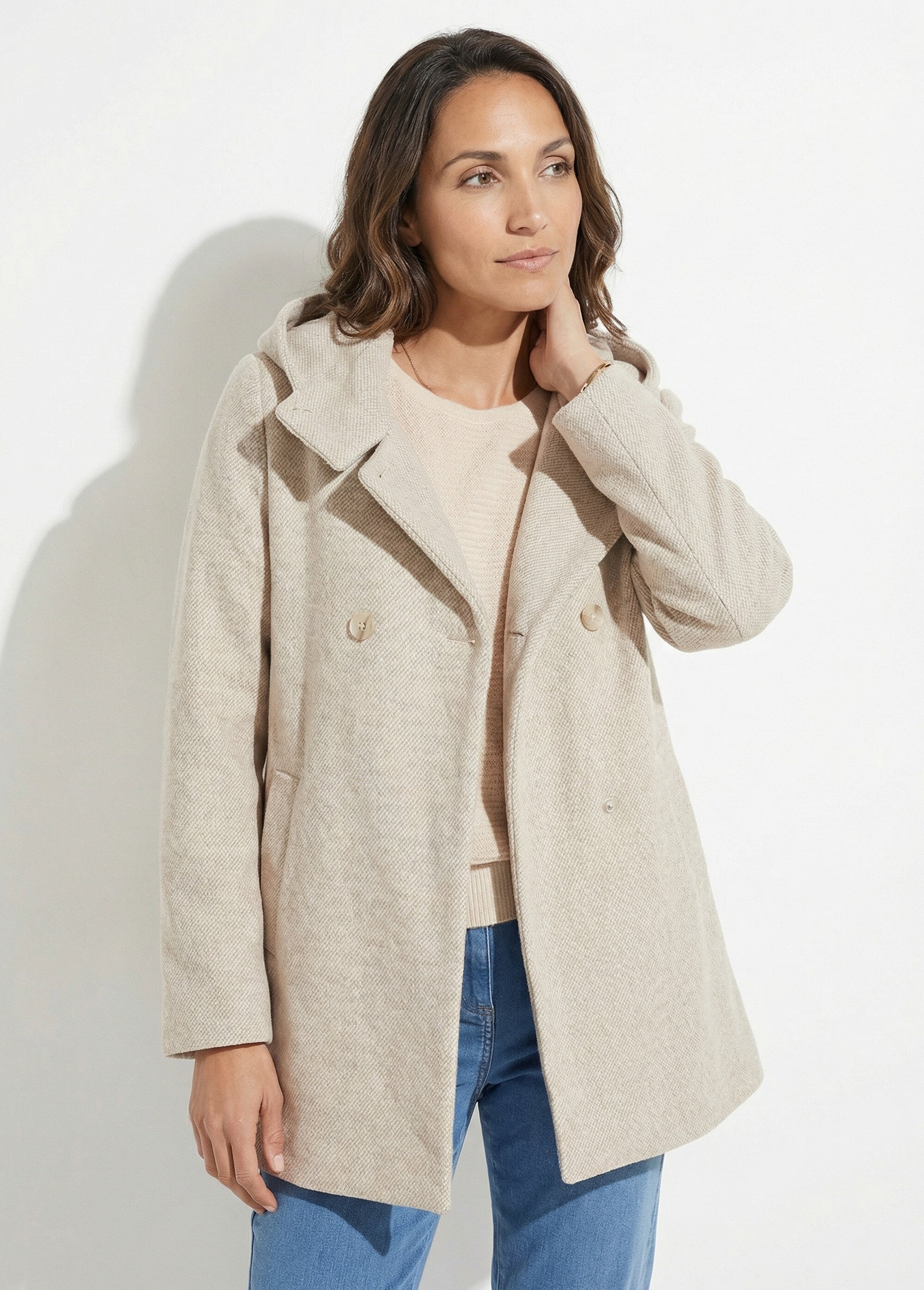 Veste manteau lainage tweed double boutonnage capuche Femme Beige TIDA FA1