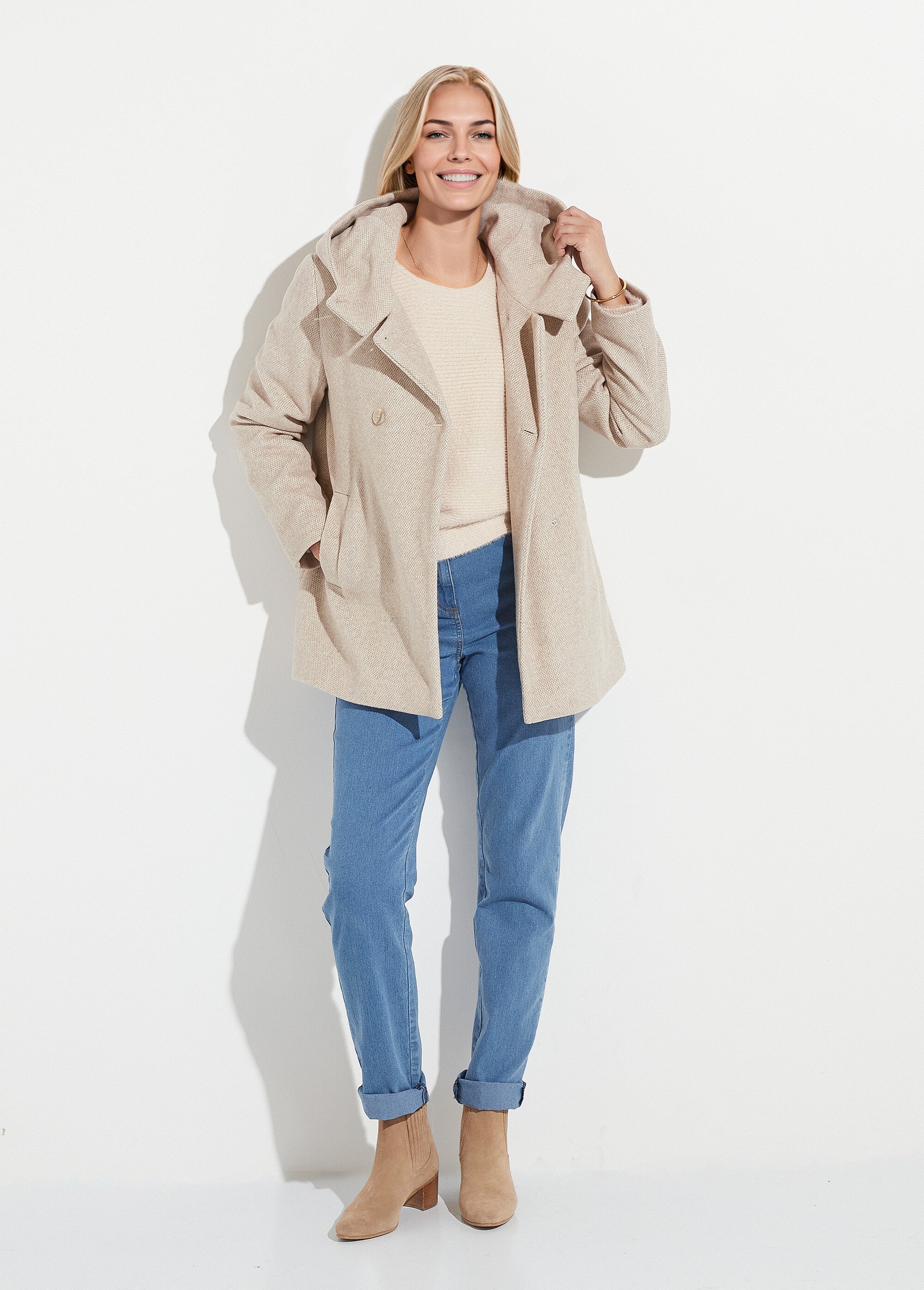 Veste manteau lainage tweed double boutonnage capuche Femme Beige TIDA SF1