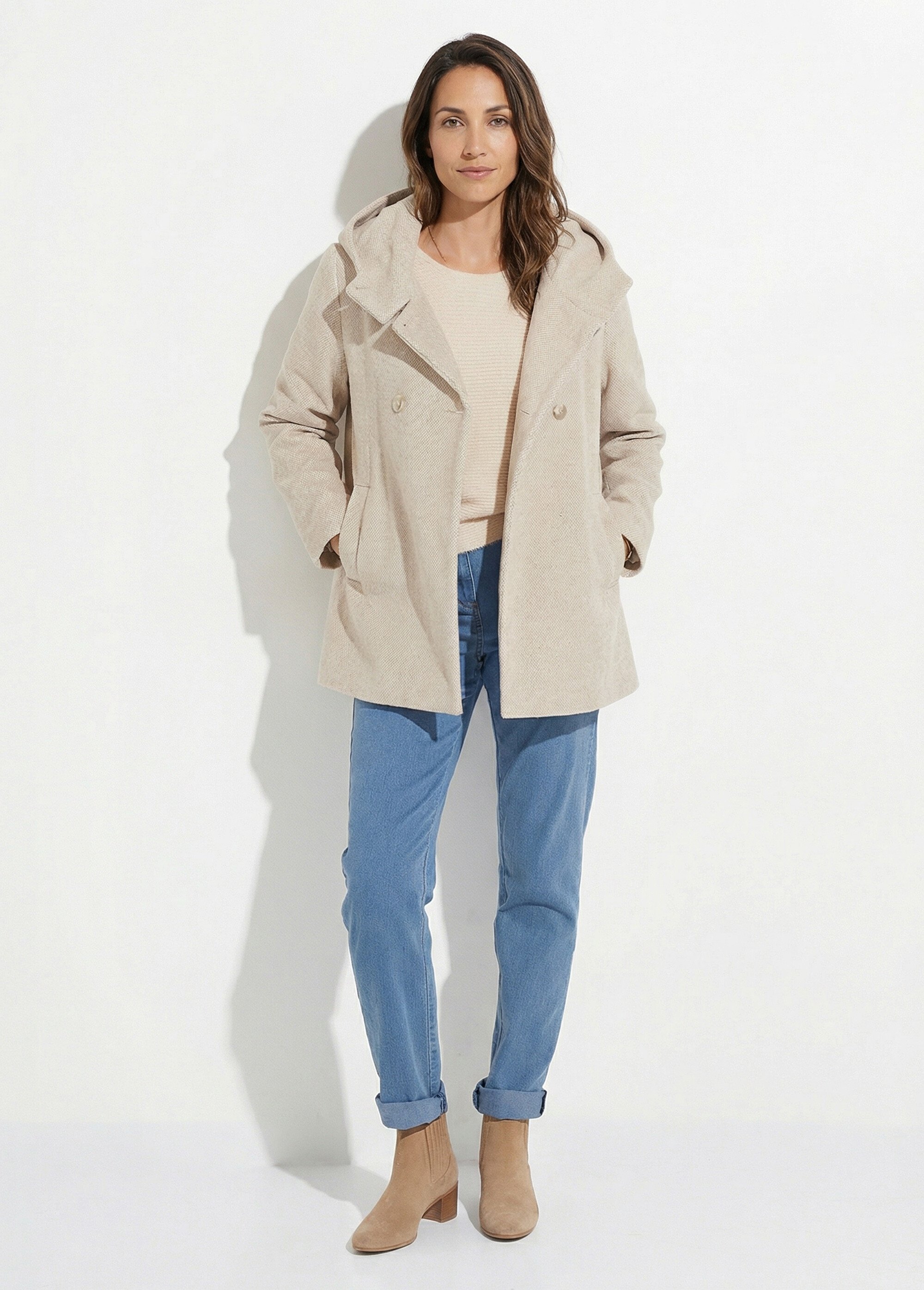 Veste manteau lainage tweed double boutonnage capuche Femme Beige TIDA SI1