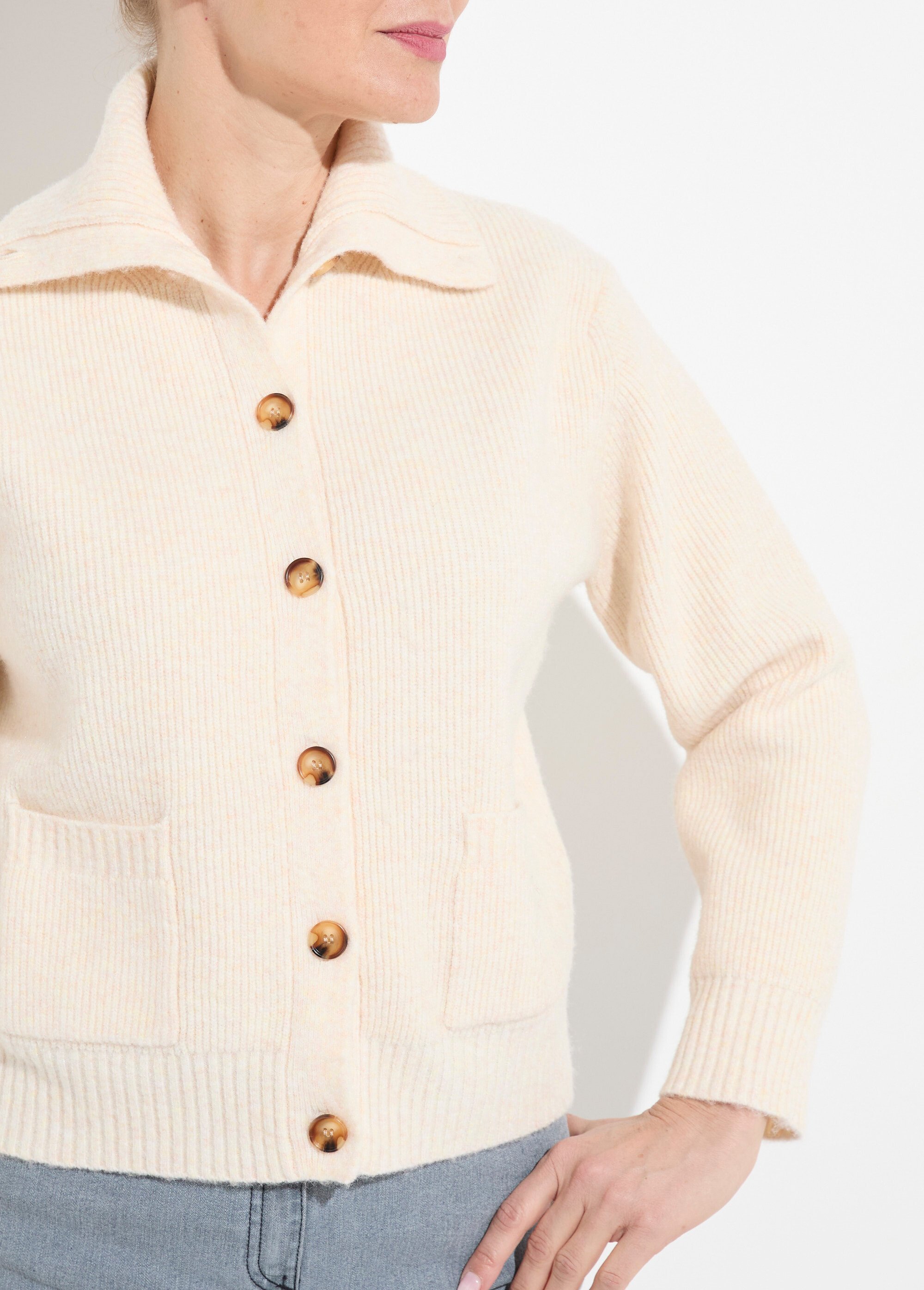 Gilet boutonné chaud côtelé avec laine et fibres recyclées Femme Beige PALMA DE1