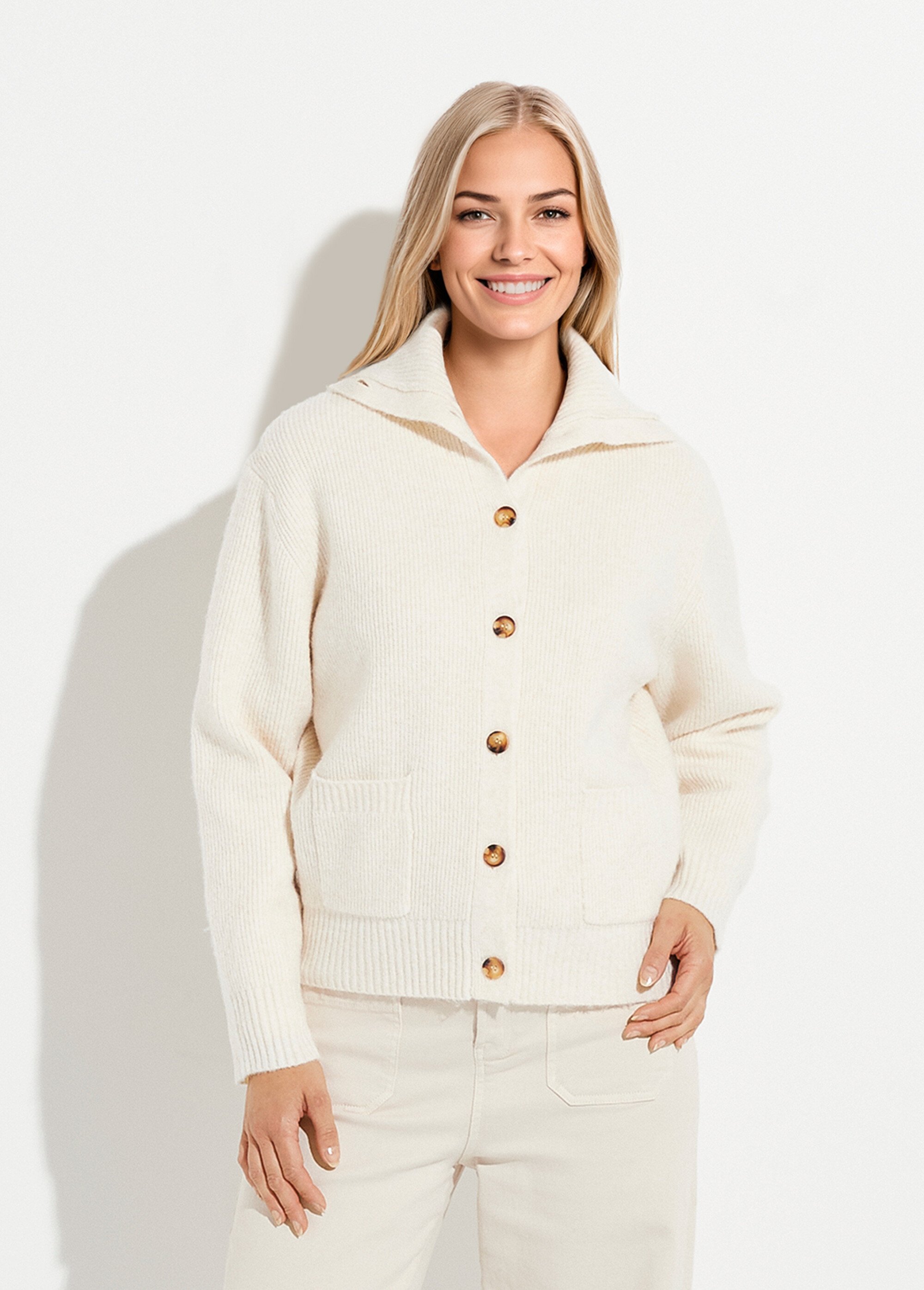Gilet boutonné chaud côtelé avec laine et fibres recyclées Femme Beige PALMA FA1