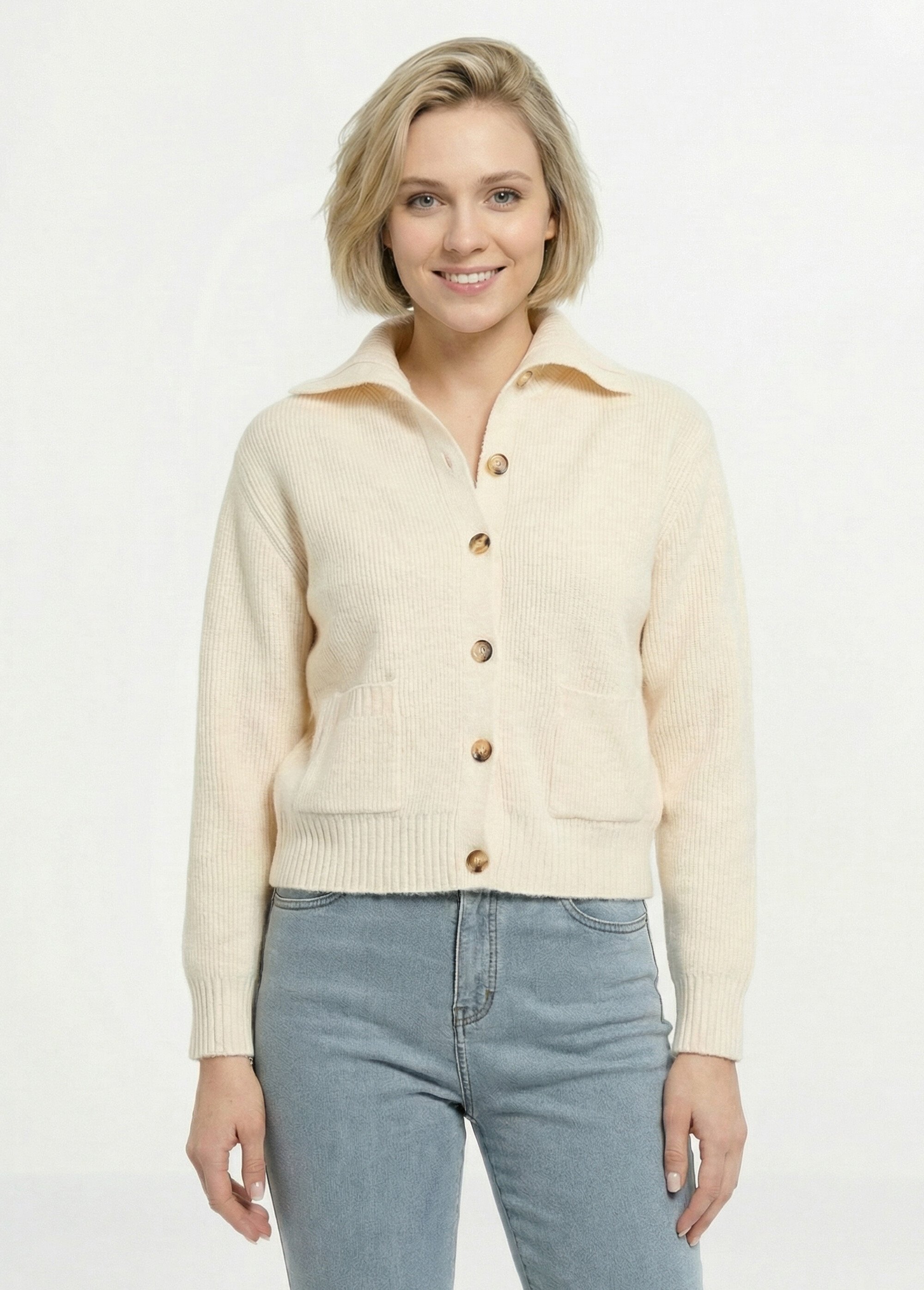 Gilet boutonné chaud côtelé avec laine et fibres recyclées Femme Beige PALMA FA1