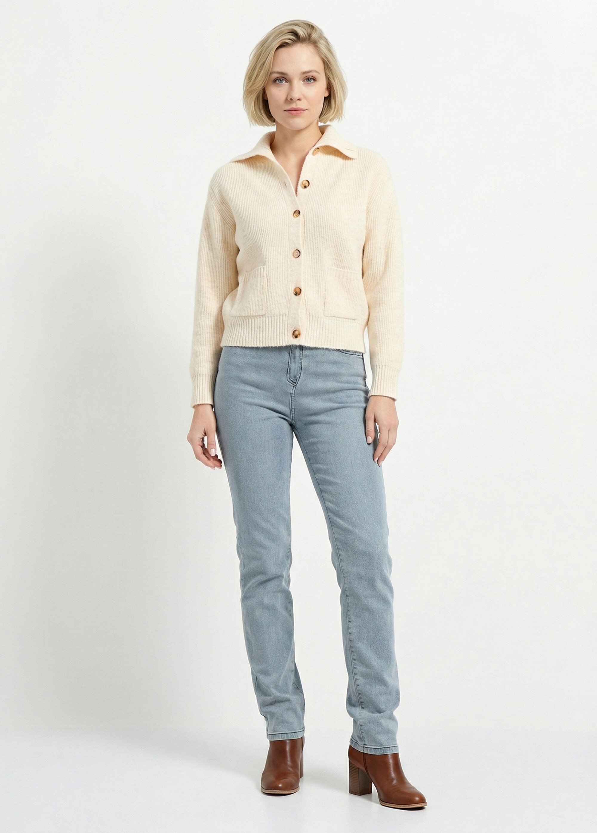 Gilet boutonné chaud côtelé avec laine et fibres recyclées Femme Beige PALMA SF1