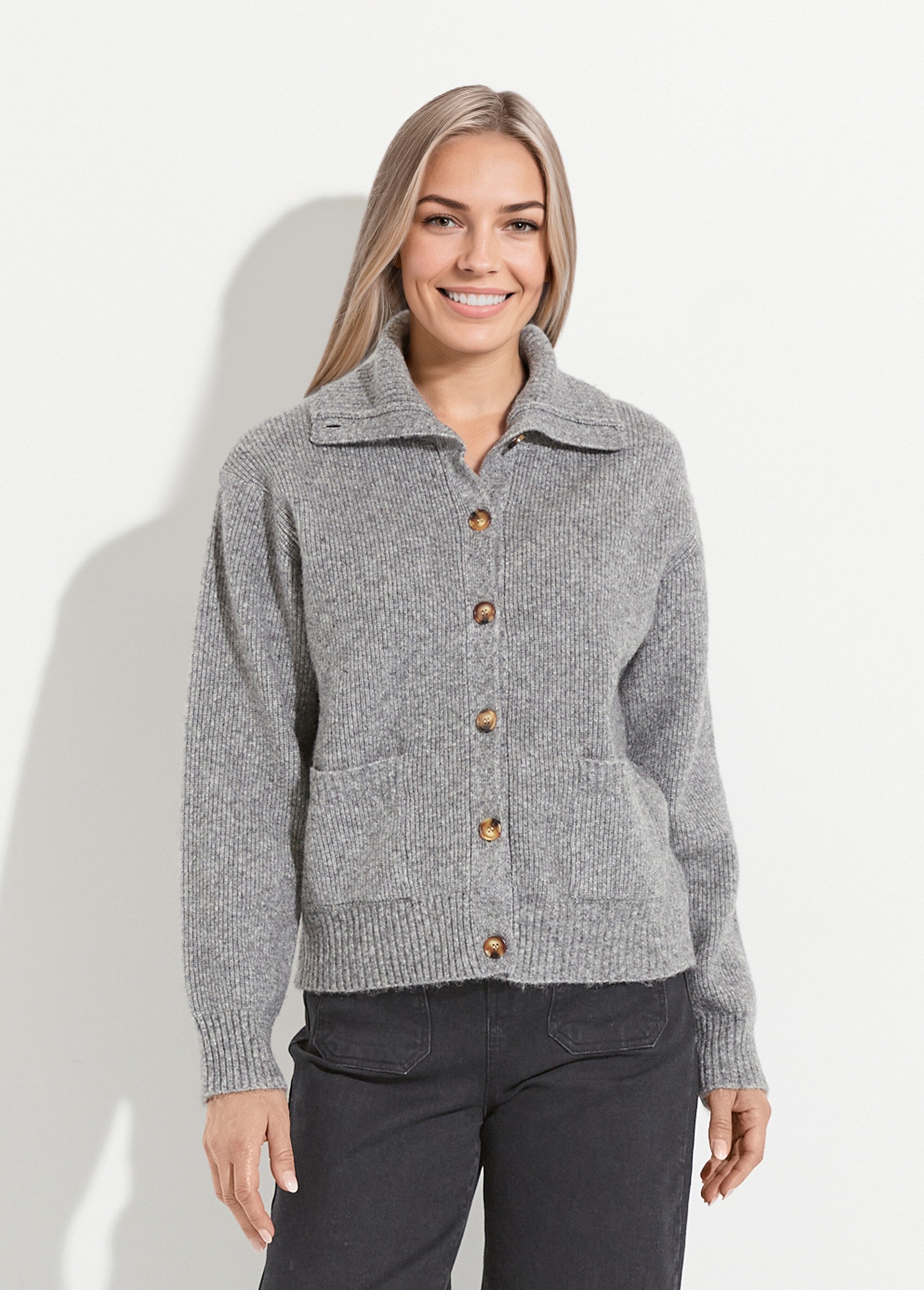 Gilet boutonné chaud côtelé avec laine et fibres recyclées Femme Gris PALMA FA1