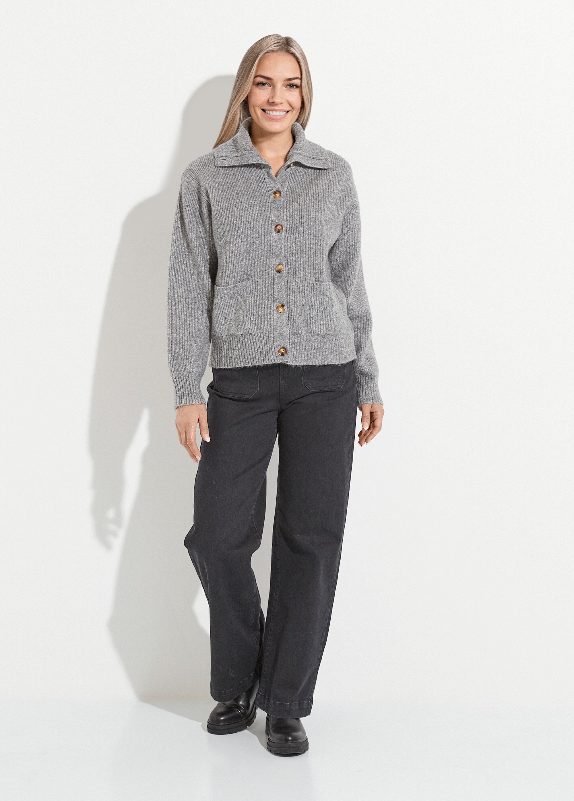Gilet boutonné chaud côtelé avec laine et fibres recyclées Femme Gris PALMA SF1