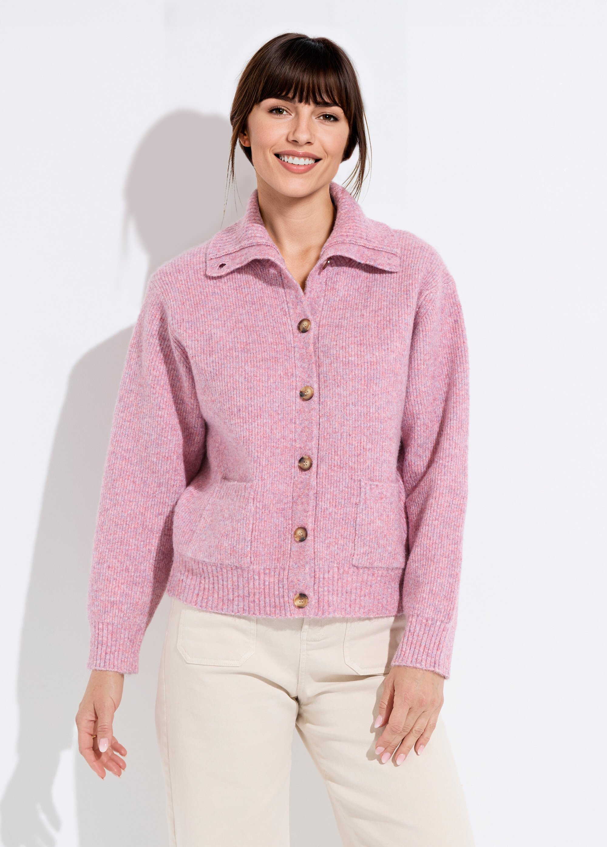 Gilet boutonné chaud côtelé avec laine et fibres recyclées Femme Rose PALMA FA1