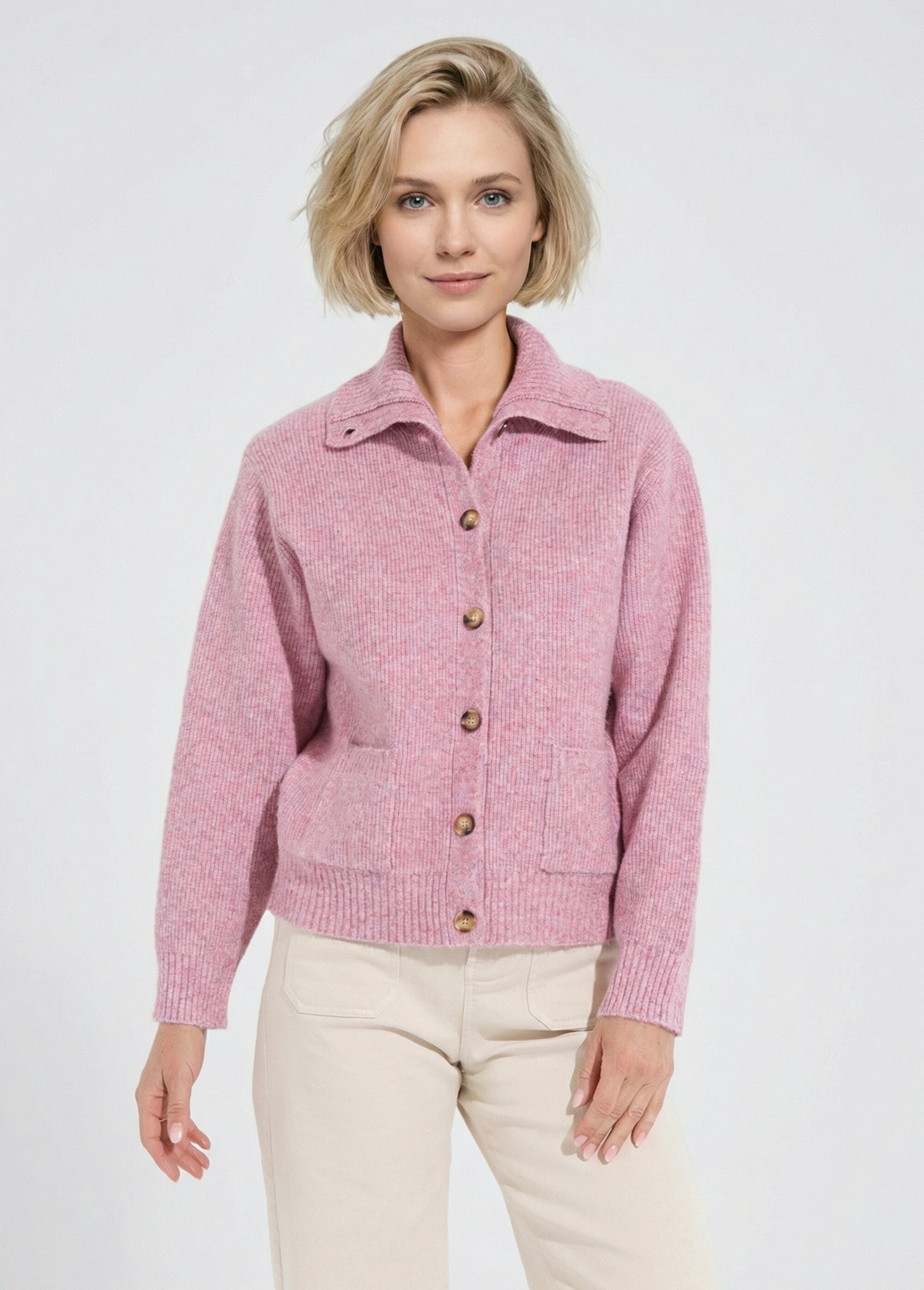 Gilet boutonné chaud côtelé avec laine et fibres recyclées Femme Rose PALMA FA1