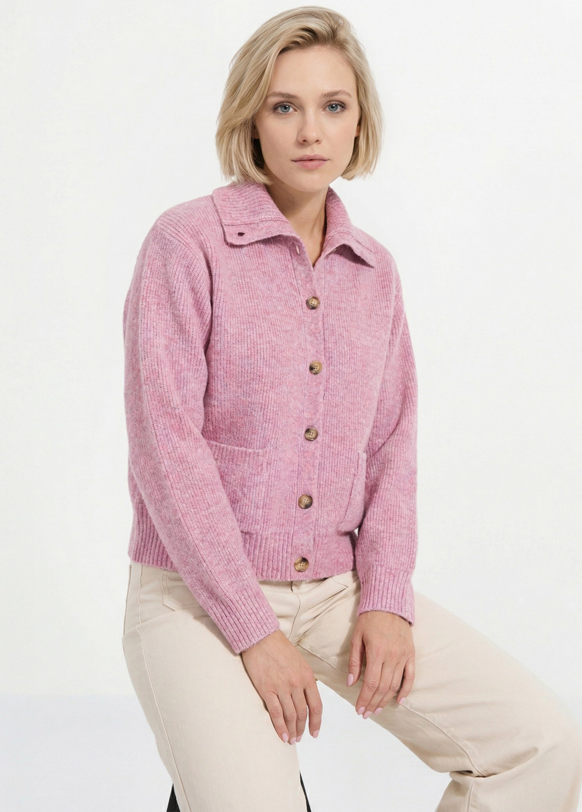 Gilet boutonné chaud côtelé avec laine et fibres recyclées Femme Rose PALMA MV1