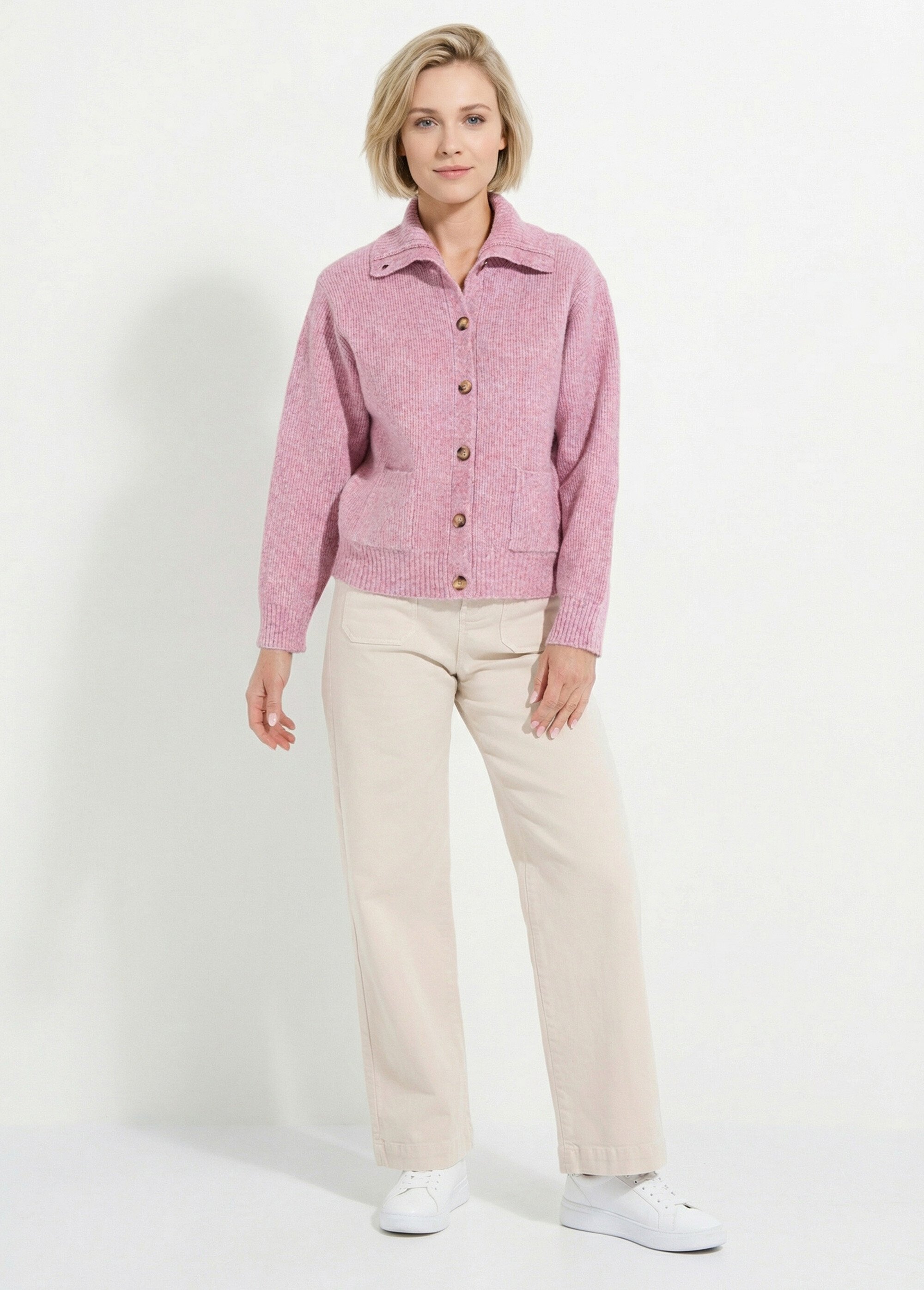 Gilet boutonné chaud côtelé avec laine et fibres recyclées Femme Rose PALMA SF1