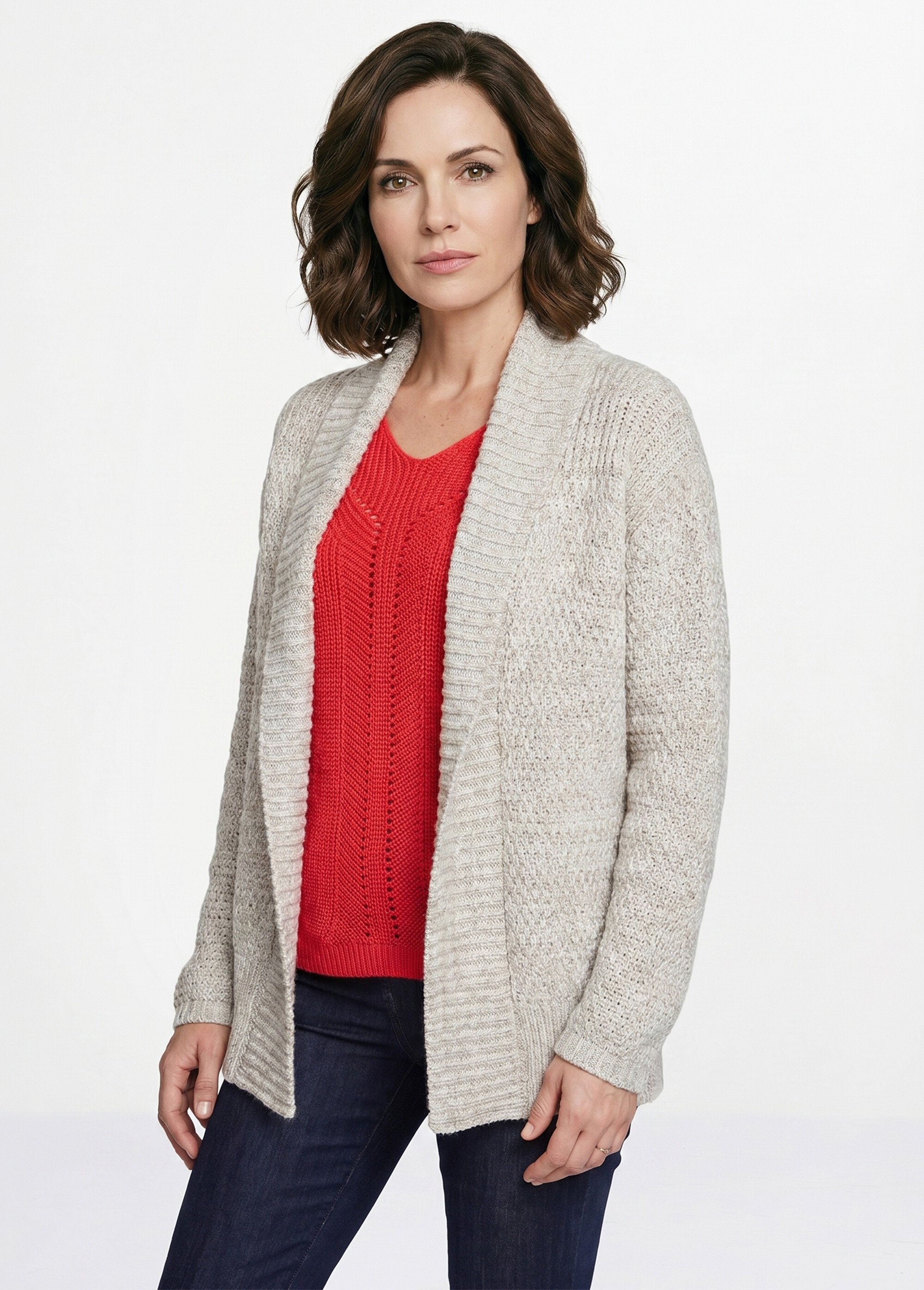 Gilet long bord à bord maille fantaisie Femme Beige PLAISIA FA1