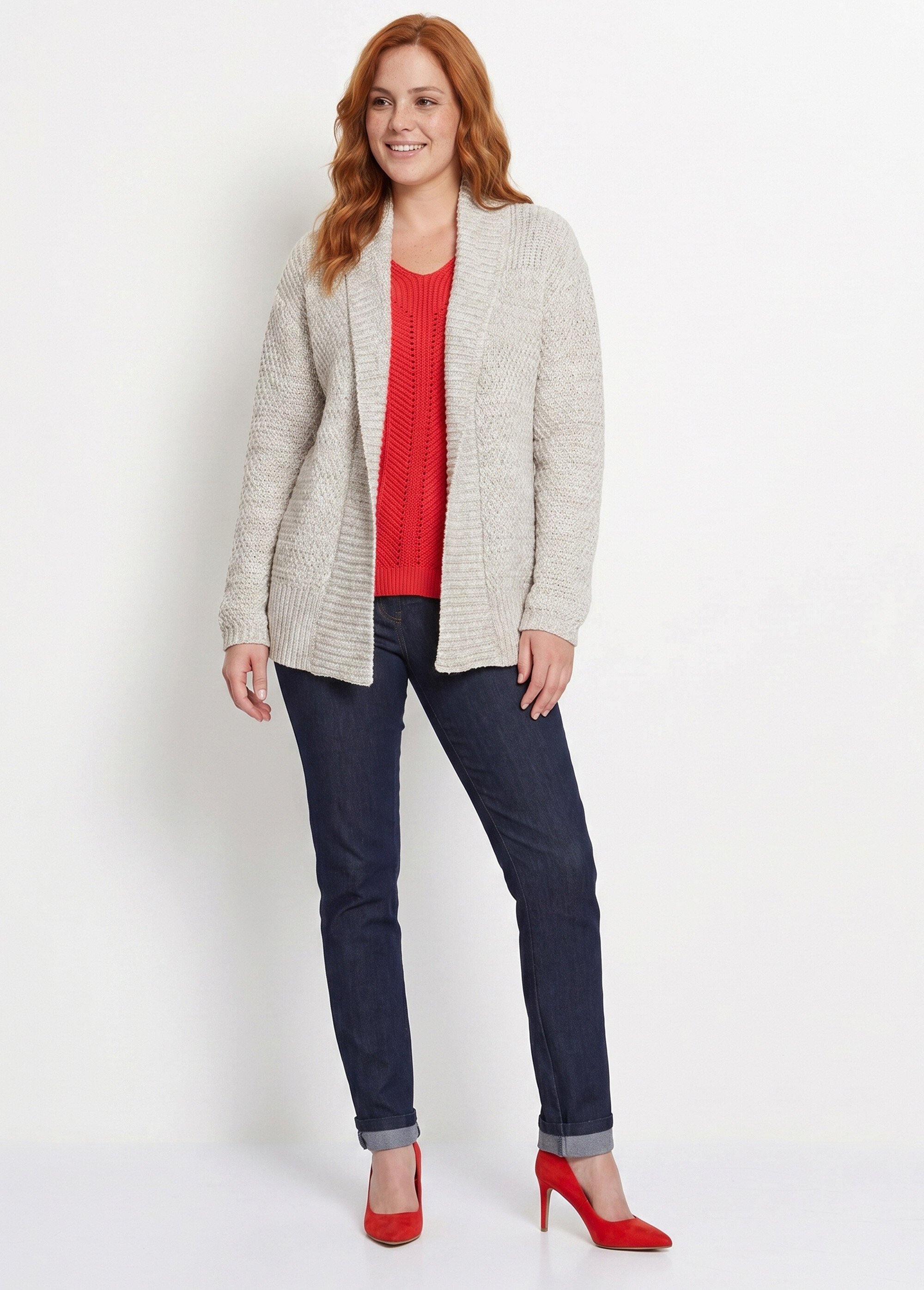 Gilet long bord à bord maille fantaisie Femme Grande Taille Beige PLAISIA SI1