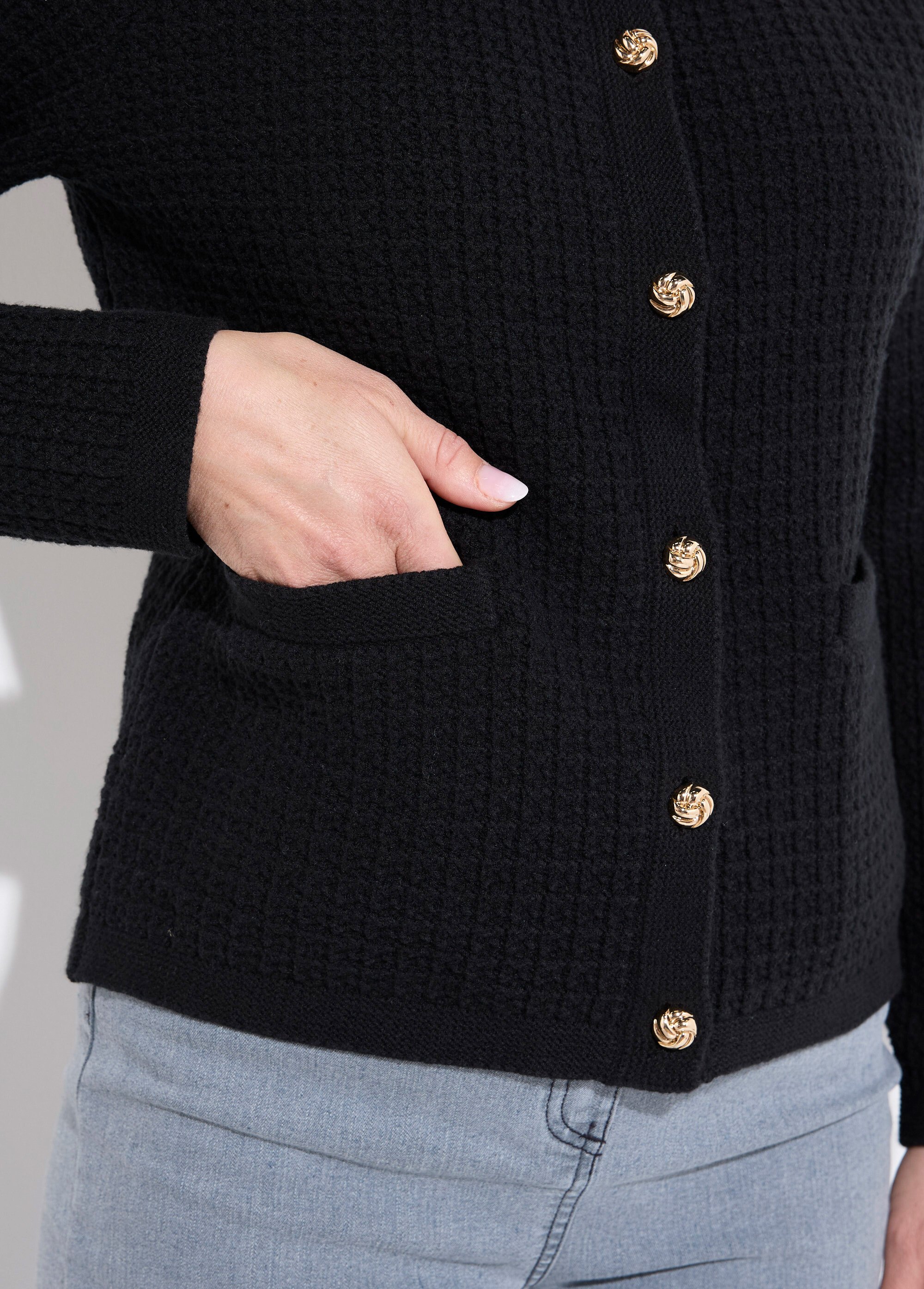 Gilet veste boutonné court maille effet tweed Femme Noir POLINA DE1