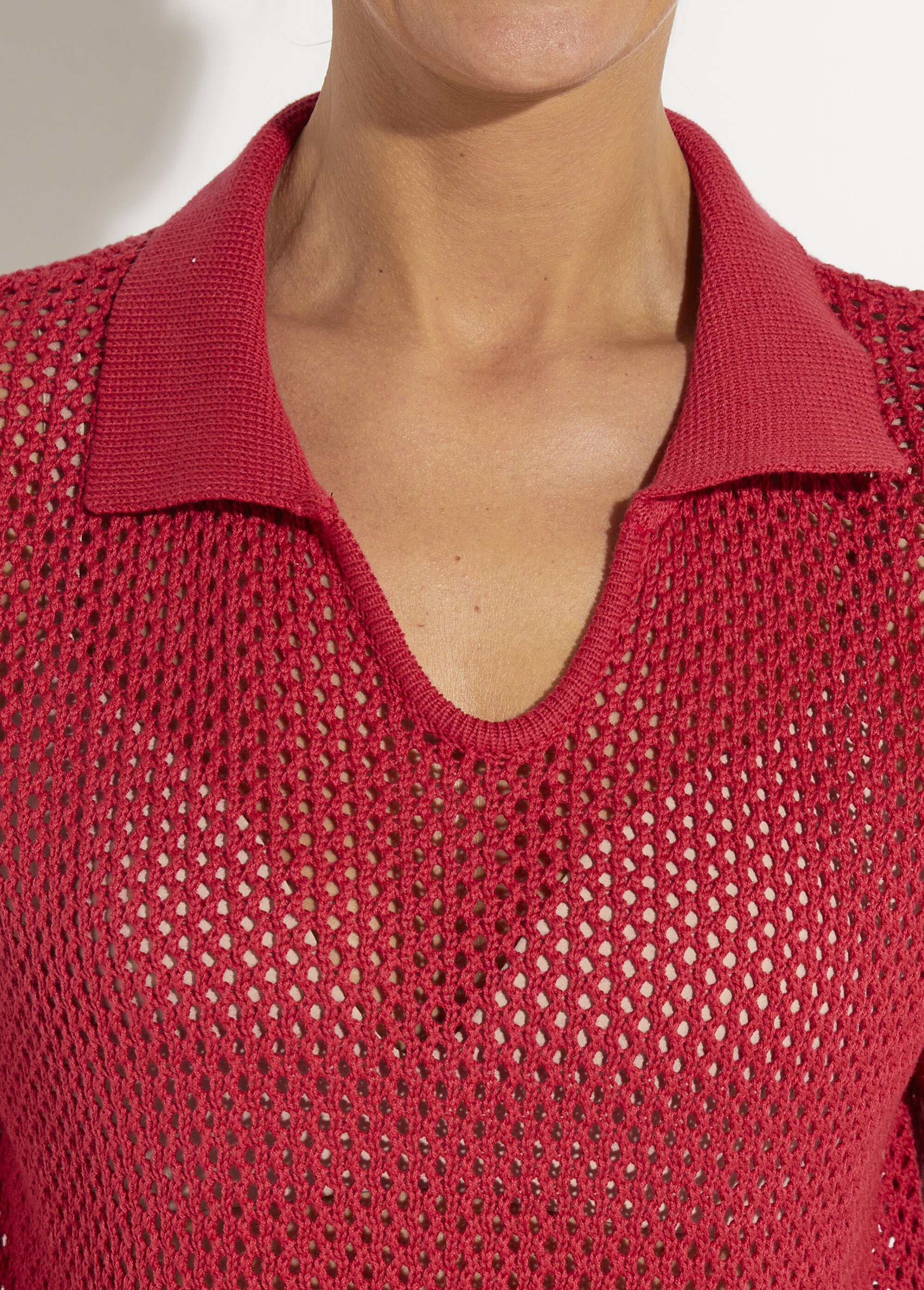 Pull ajouré col polo manches aux coudes Femme Rouge MADRASE DE1