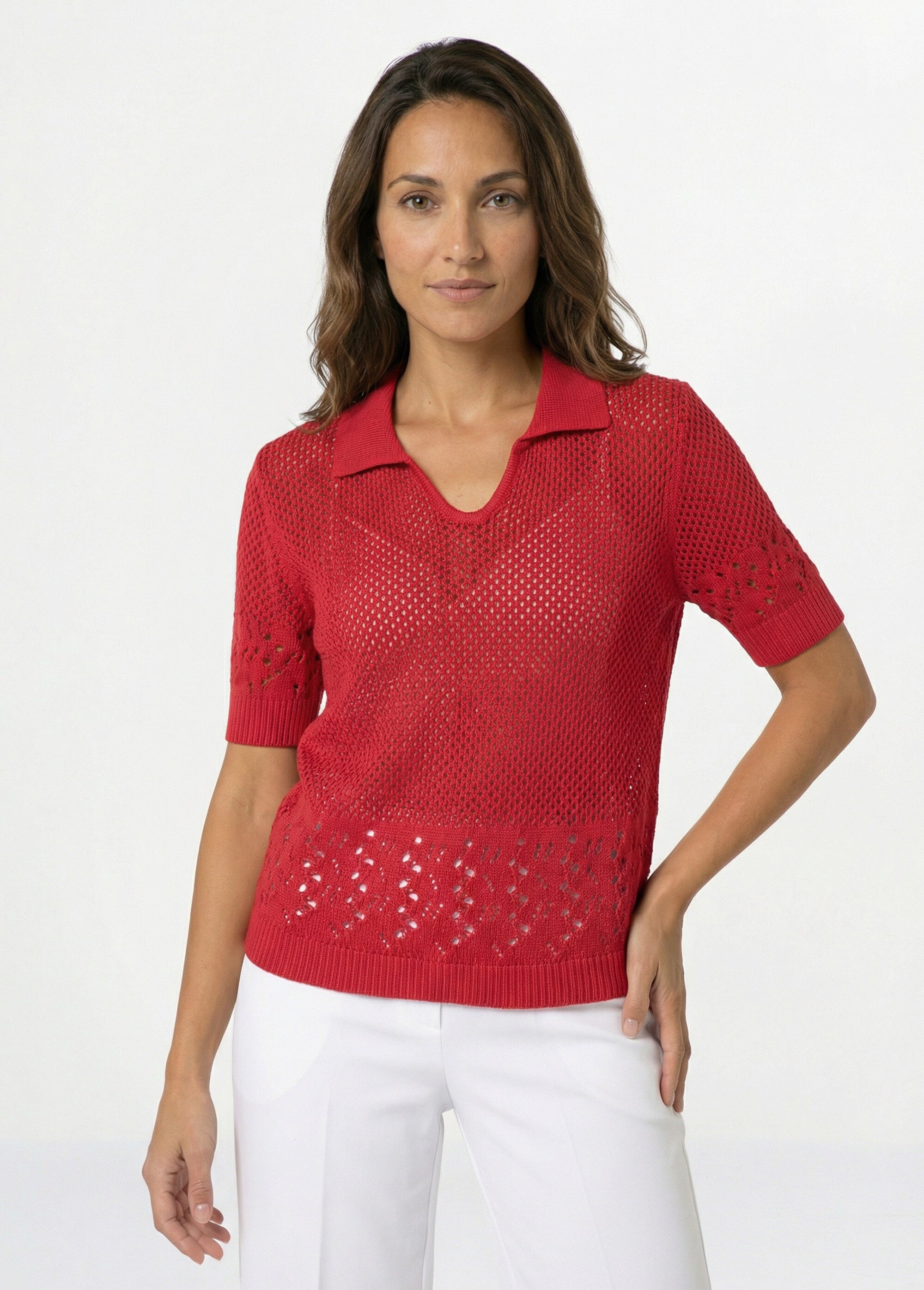 Pull ajouré col polo manches aux coudes