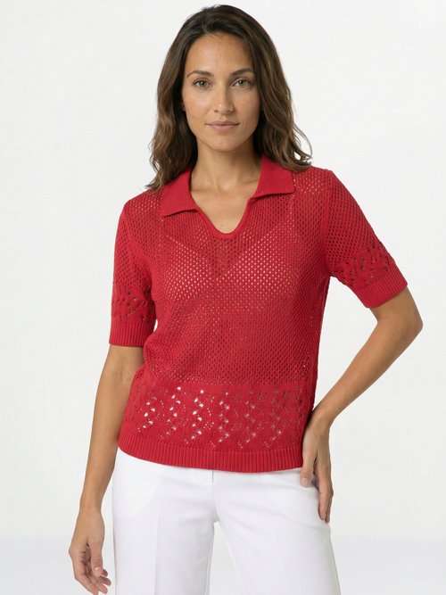 Pull ajouré col polo manches aux coudes Femme Rouge MADRASE FA1