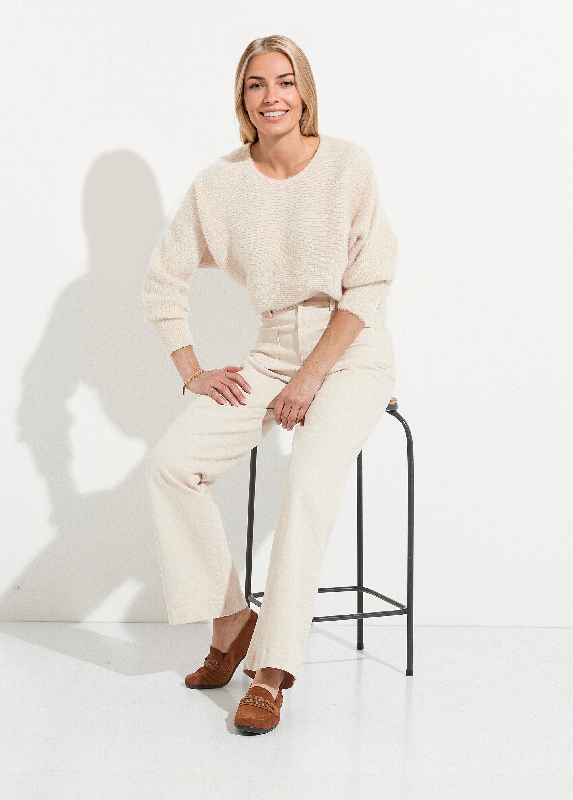 Pull côtelé col rond sans emmanchures boîte Femme Beige PERONELLE MV1