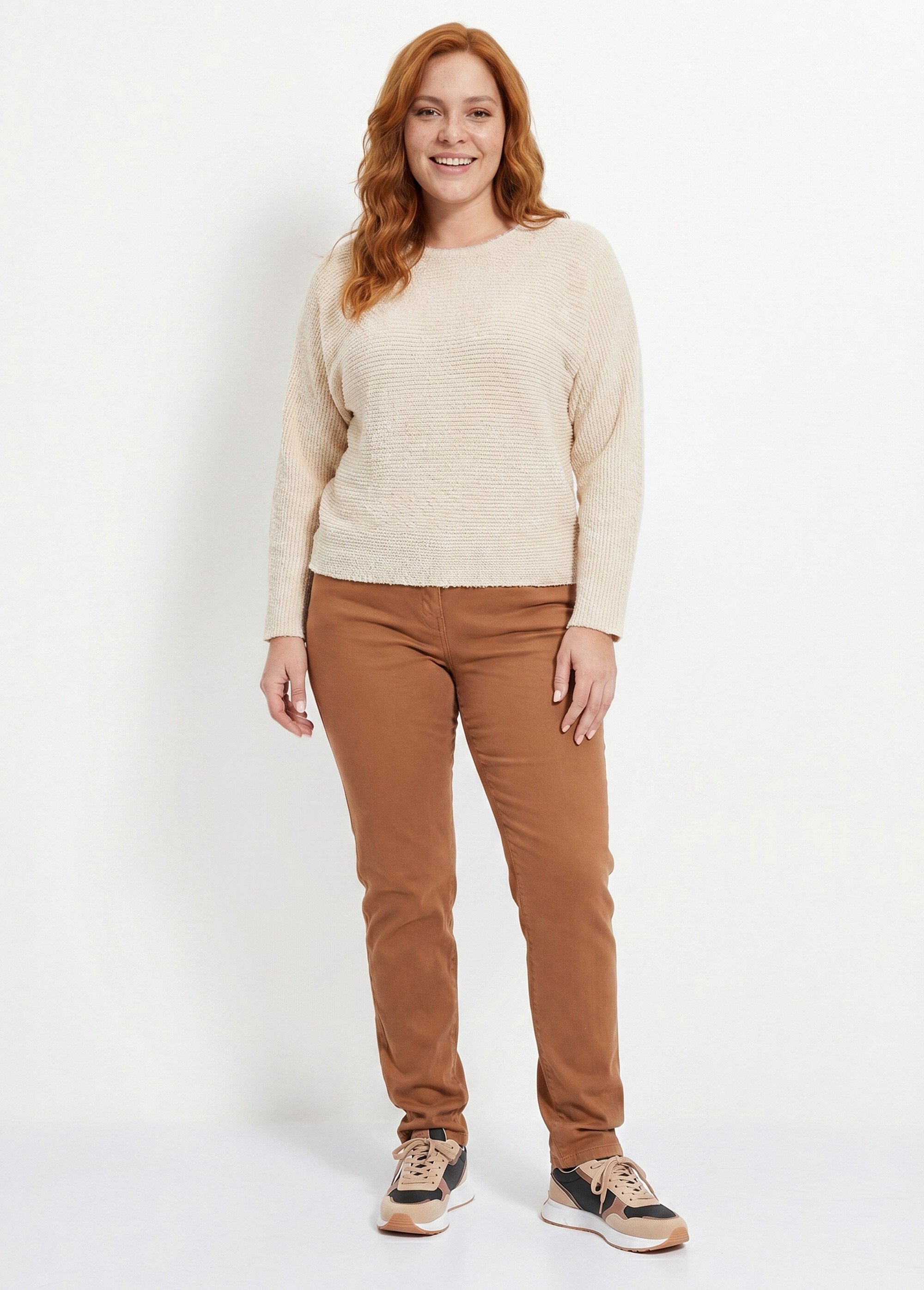 Pull côtelé col rond sans emmanchures boîte Femme Grande Taille Beige PERONELLE SI1