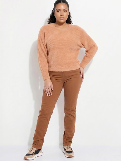 Pull côtelé col rond sans emmanchures boîte Femme Grande Taille Marron PERONELLE SI1